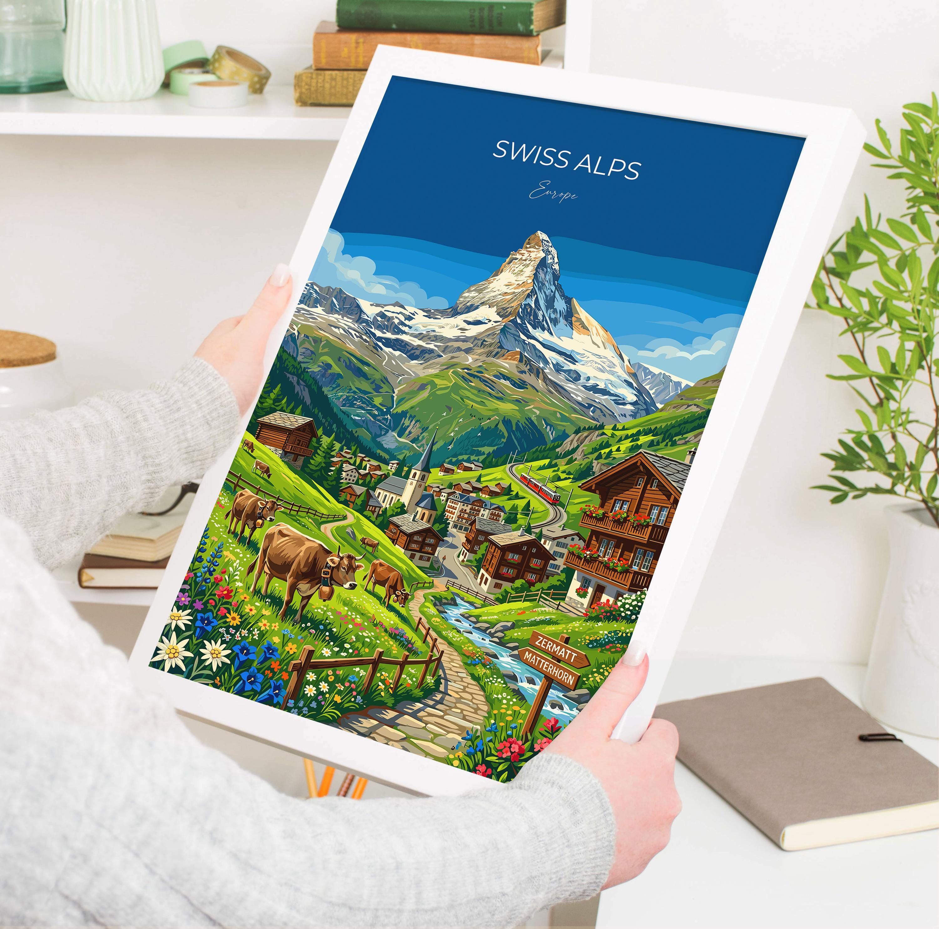 Swiss Alps Travel Print, Switzerland Mountain Wall Art, Alpine Landscape Poster, Snow-Capped Peaks Illustration, Vintage Style Europe Decor