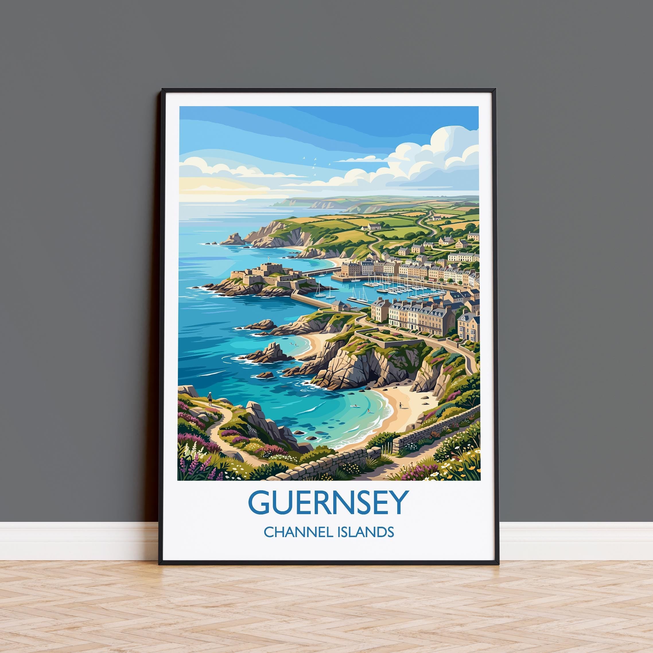 Guernsey Channel Islands Travel Poster, Coastal Wall Art, Harbour & Seaside Print, British Island Illustration, Vintage Style UK Decor