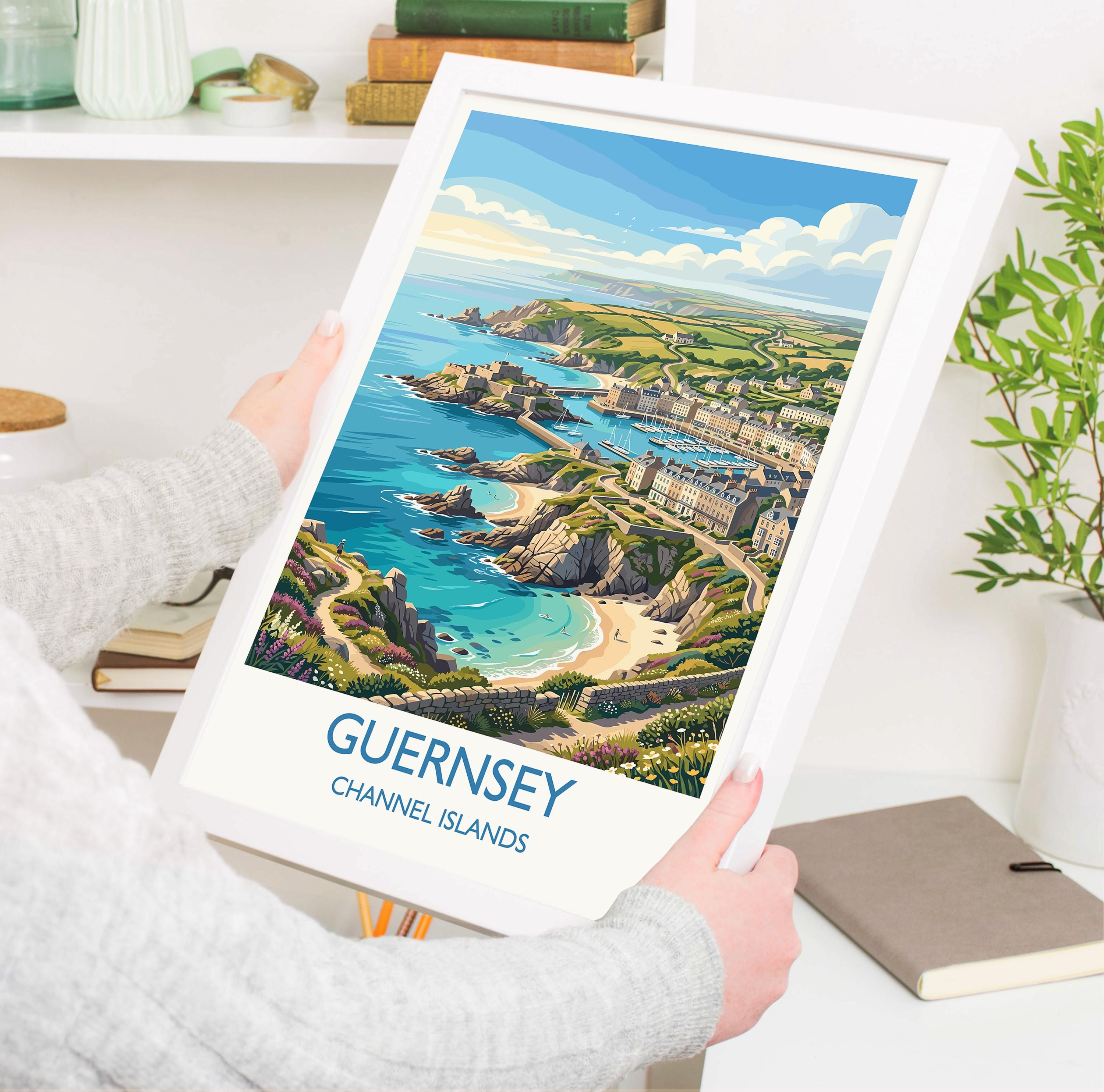 Guernsey Channel Islands Travel Poster, Coastal Wall Art, Harbour & Seaside Print, British Island Illustration, Vintage Style UK Decor
