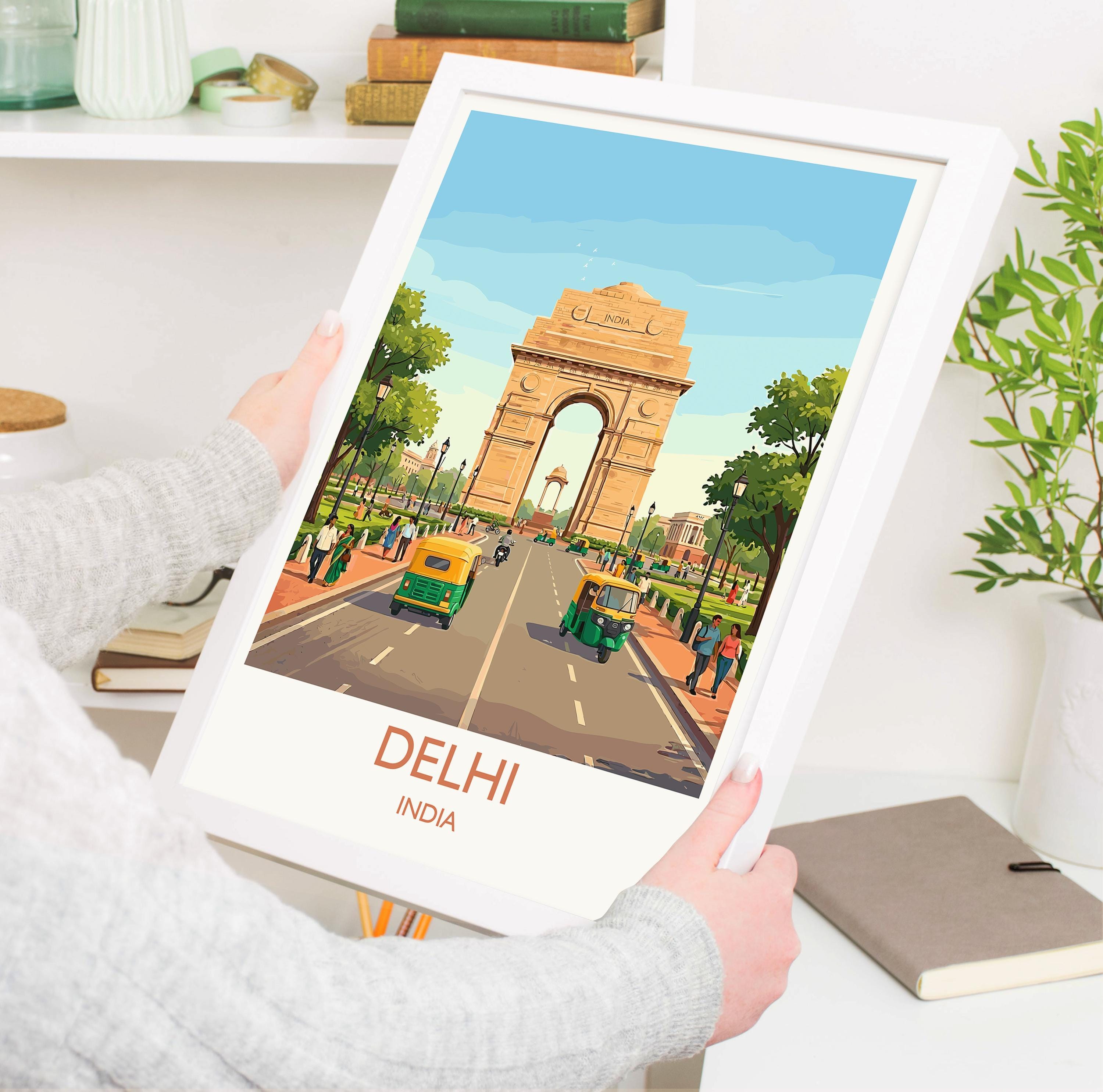 Delhi India Travel Poster, India Gate Wall Art, Delhi Landmark Print, Historic Monument Illustration, Vintage Style Asia Decor, India Gift