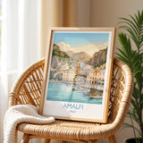 Amalfi Italy Travel Poster, Amalfi Coast Wall Art, Mediterranean Seaside Print, Colourful Coastal Village Illustration, Vintage Europe Decor