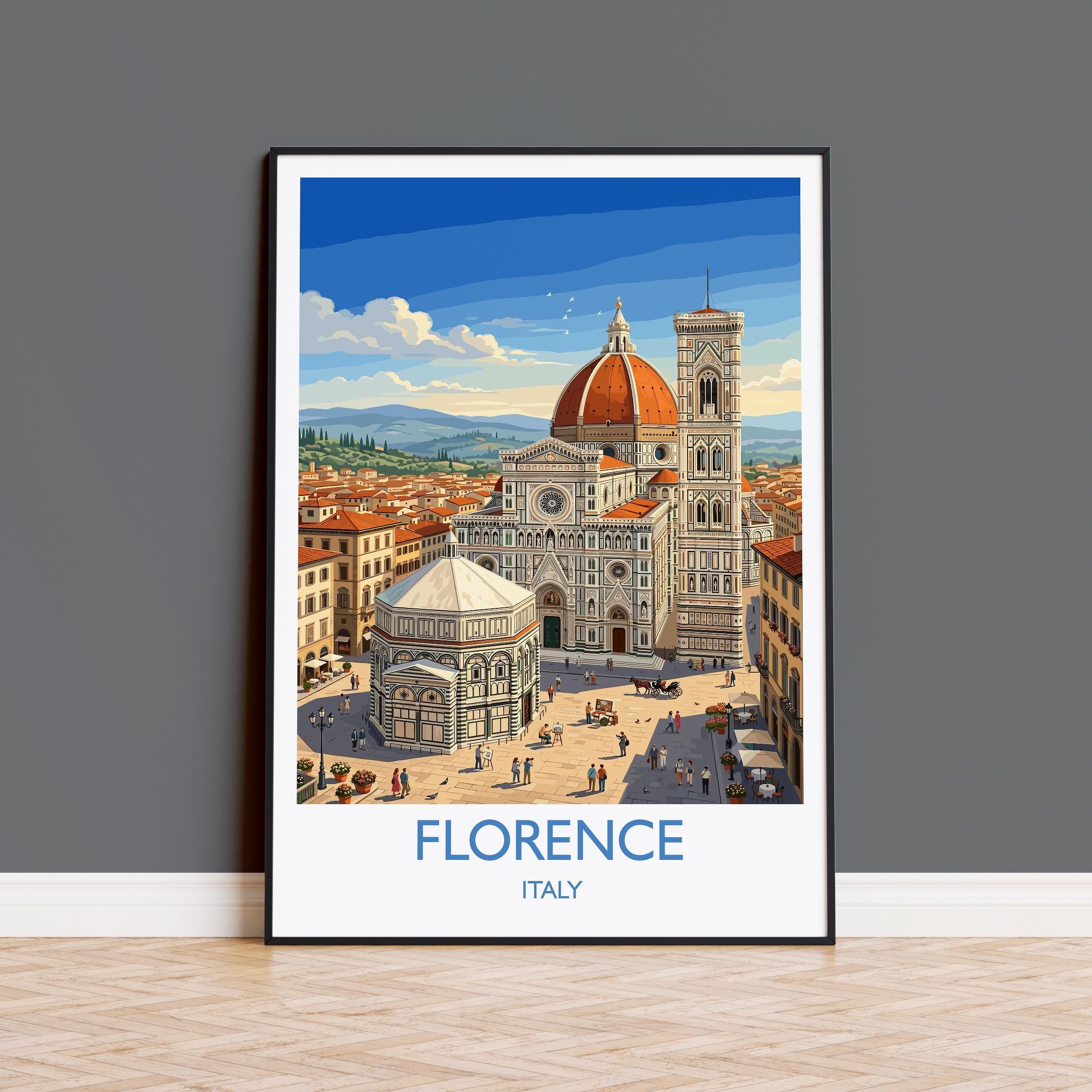 Florence Duomo Travel Poster, Cathedral of Santa Maria del Fiore Wall Art, Piazza del Duomo Print, Florence Italy Vintage Travel Poster
