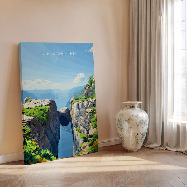 Kjeragbolten Travel Poster, Travel Print of Fjords, Norway Poster, Kjeragbolten Art Gift, Norway Art Lovers Travel Gift