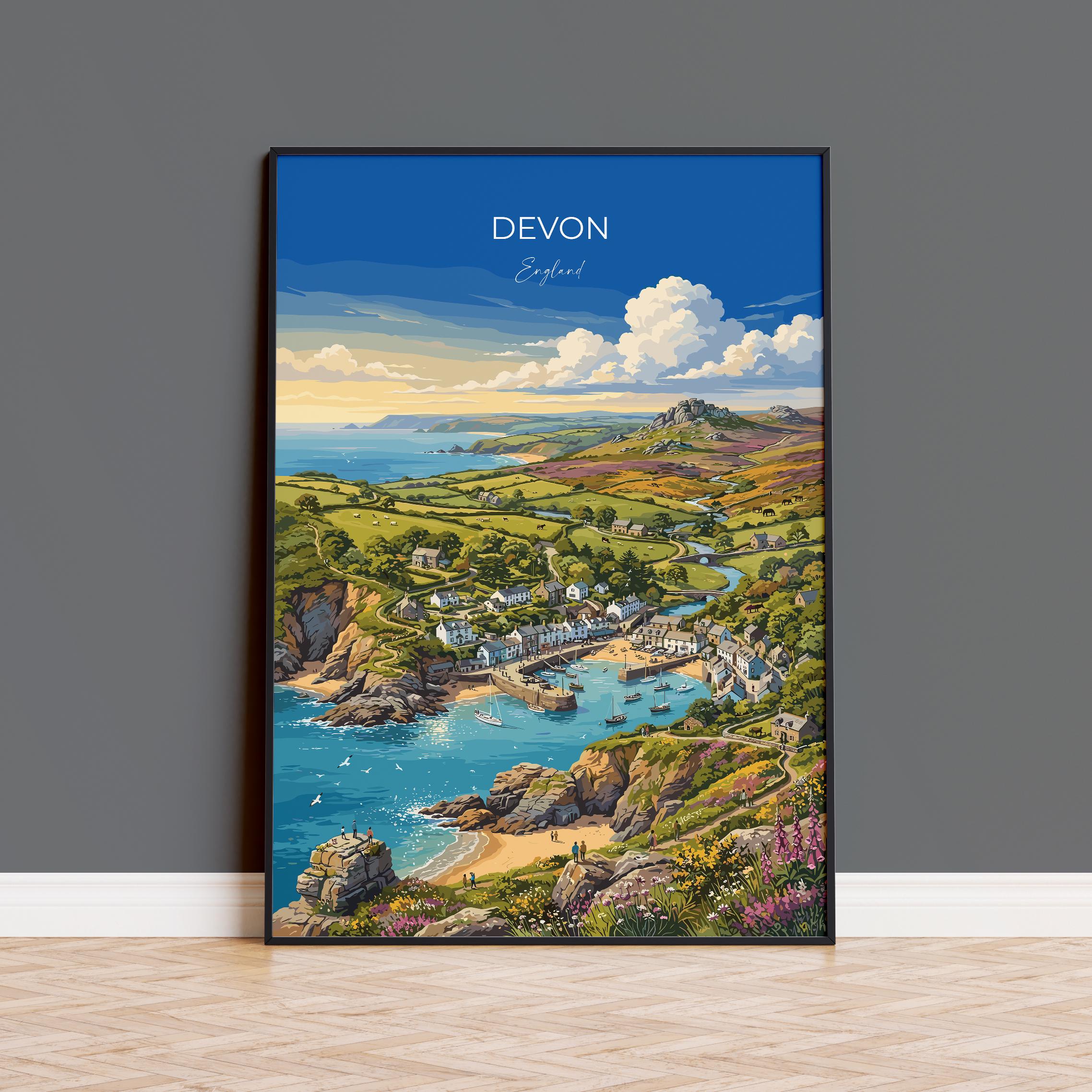 Devon England Travel Print, Devon Coast Wall Art, English Riviera Poster, Dartmoor Landscape, Vintage Style UK Decor