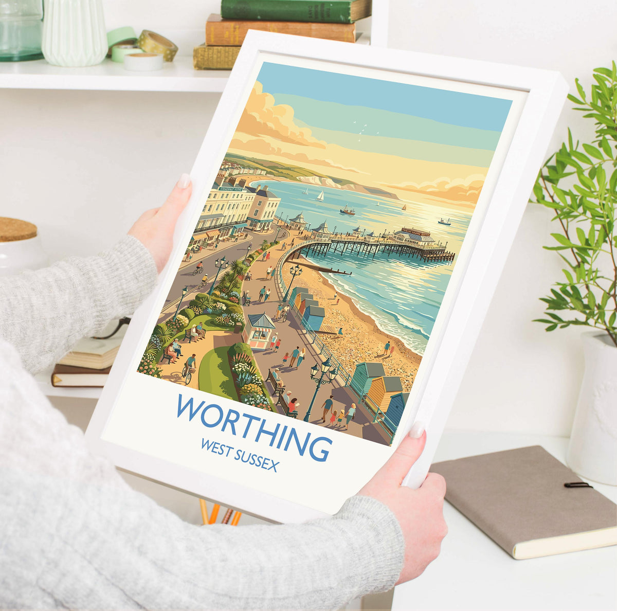 Worthing West Sussex Travel Poster, Worthing Pier Wall Art, Seafront Print, Sussex Coast Illustration, Vintage Style UK Decor