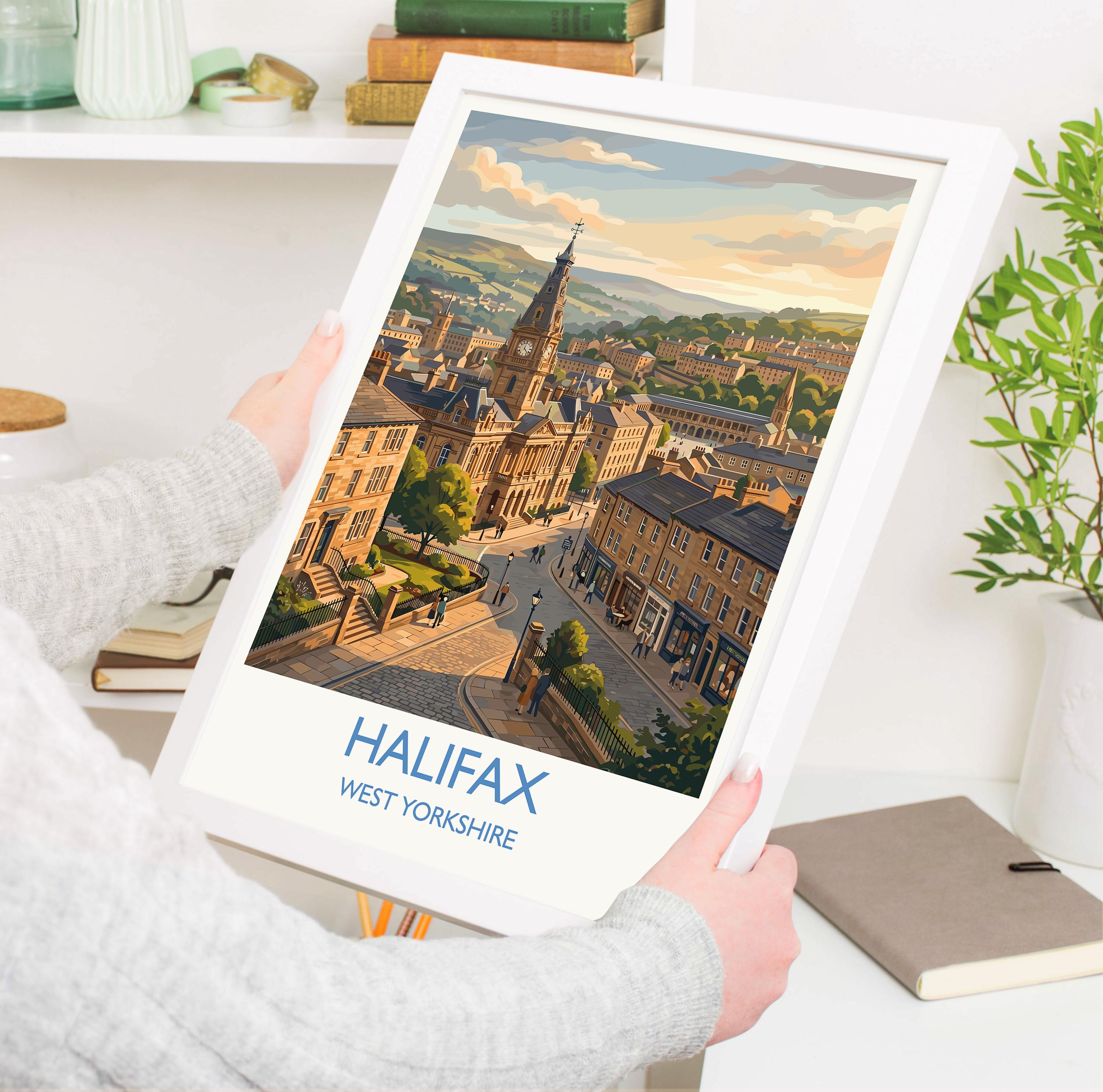Halifax West Yorkshire Travel Poster, Piece Hall Wall Art, Historic Market Town Print, Yorkshire Illustration, Vintage Style UK Decor