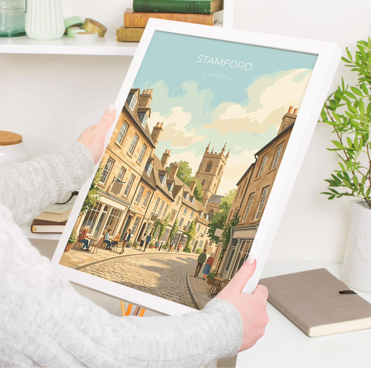 Stamford Lincolnshire Travel Print, Historic Market Town Wall Art, River Welland Poster, Georgian Architecture, Vintage Style UK Decor