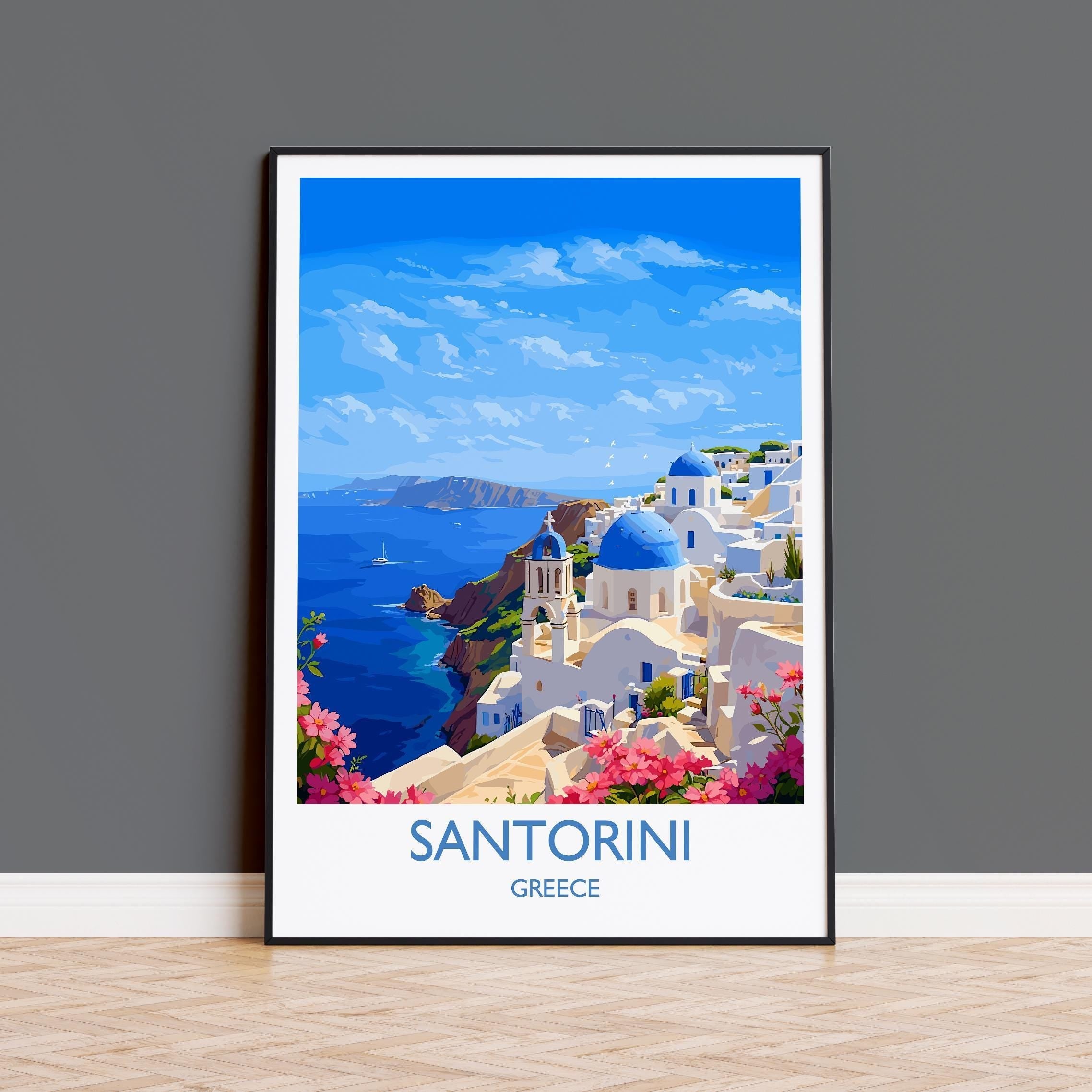 Santorini Travel Print, Travel Poster of Santorini, Greece Gift, Greek Islands Art Lovers Gift, Crete Gift Art, Wall Art Print NQ Media Designs