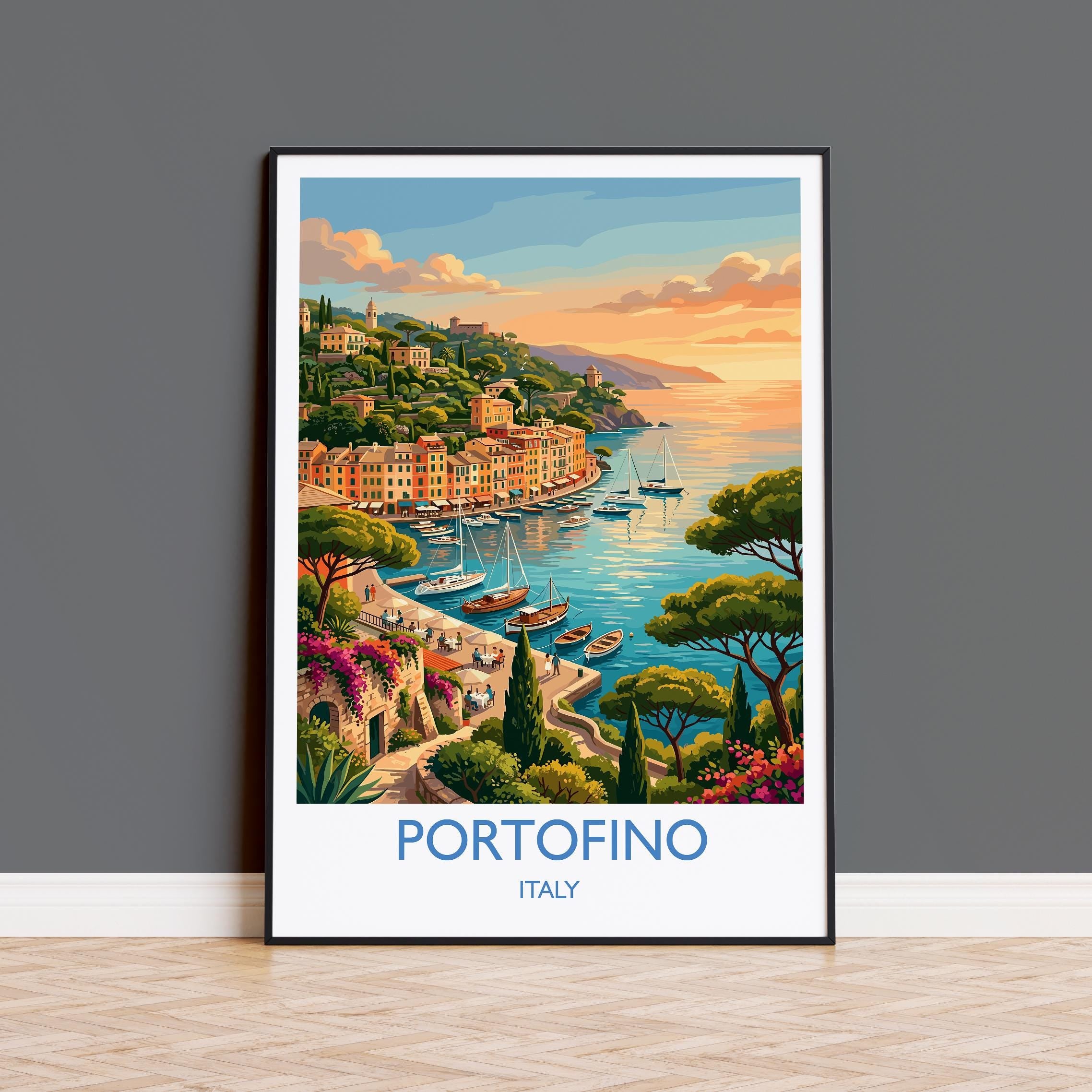 Portofino Italy Travel Poster, Italian Riviera Wall Art, Colourful Harbour Print, Mediterranean Coastal Illustration, Vintage Style Decor