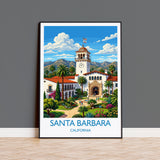 Santa Barbara Travel Print, California Wall Art with Border, Santa Barbara Courthouse Poster, Spanish Colonial Art Print, California Gift