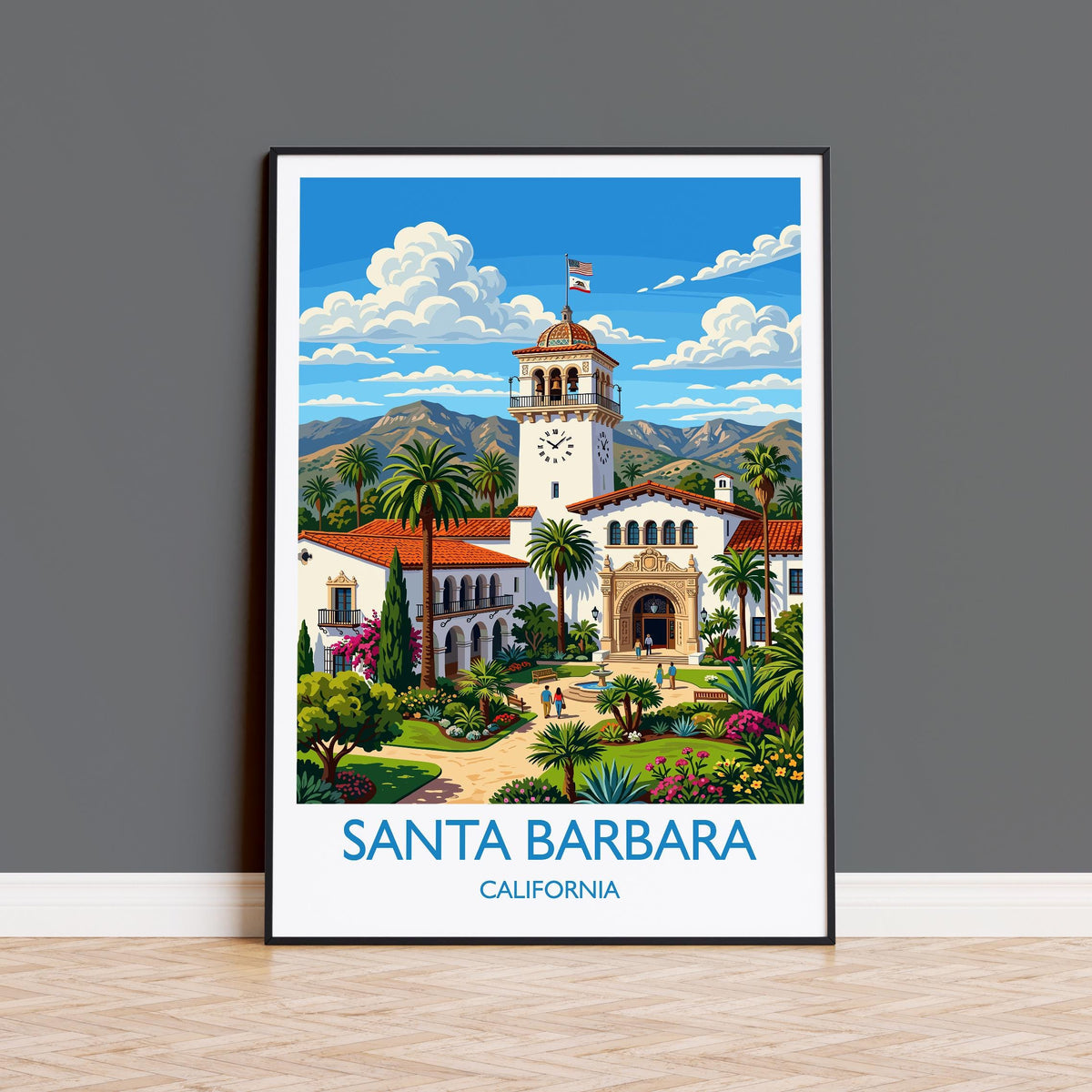 Santa Barbara Travel Print, California Wall Art with Border, Santa Barbara Courthouse Poster, Spanish Colonial Art Print, California Gift