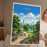 London Skyline Travel Poster, Big Ben & London Eye Wall Art, St Paul’s Cathedral Print, London Park Scene Illustration, Vintage Style UK NQ Media Designs