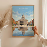 Nottingham Travel Print, Exchange Building Wall Art, Old Market Square Poster, Nottingham City Illustration, UK City Decor, Nottingham Gift