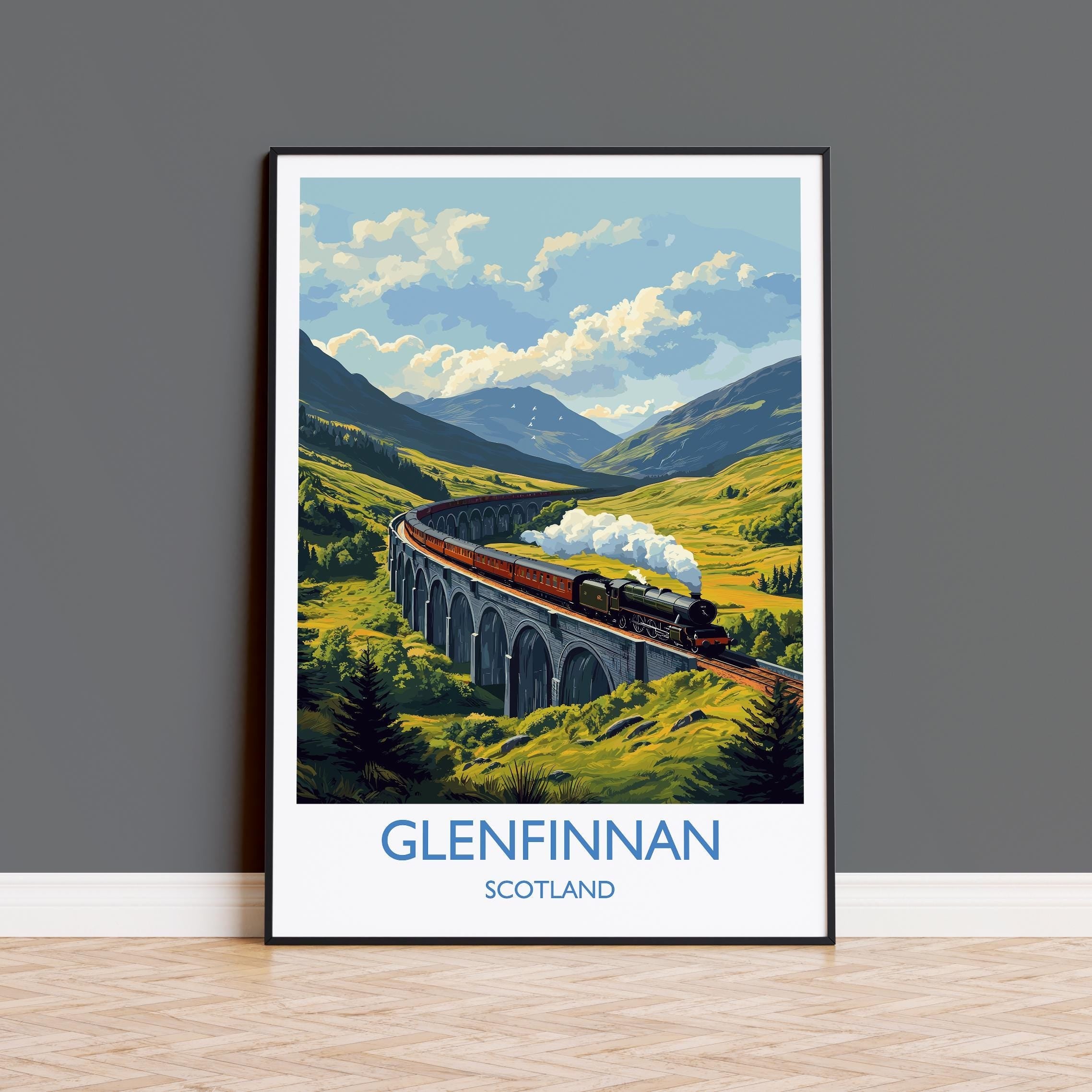 Glenfinnan Viaduct Travel Print Wall Art, Scottish Highlands Art, Railway Bridge Poster, Scotland Landscape, Steam Train Decor Artwork NQ Media Designs