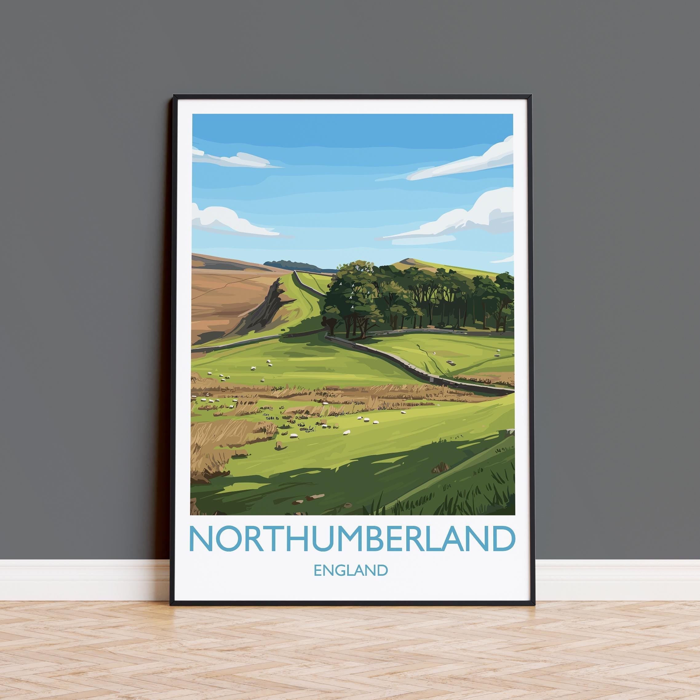 Northumberland Travel Print, Travel Poster of Northumberland Countryside, Hadrians Wall, England, Housesteads Fort Art, Wall Art Print NQ Media Designs