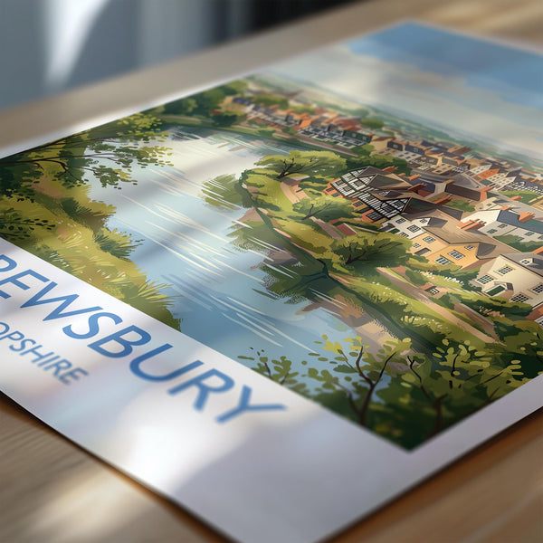 Shrewsbury Travel Poster, River Severn Wall Art, Shrewsbury Town Print, Historic Church Illustration, Shropshire Landscape, UK Decor