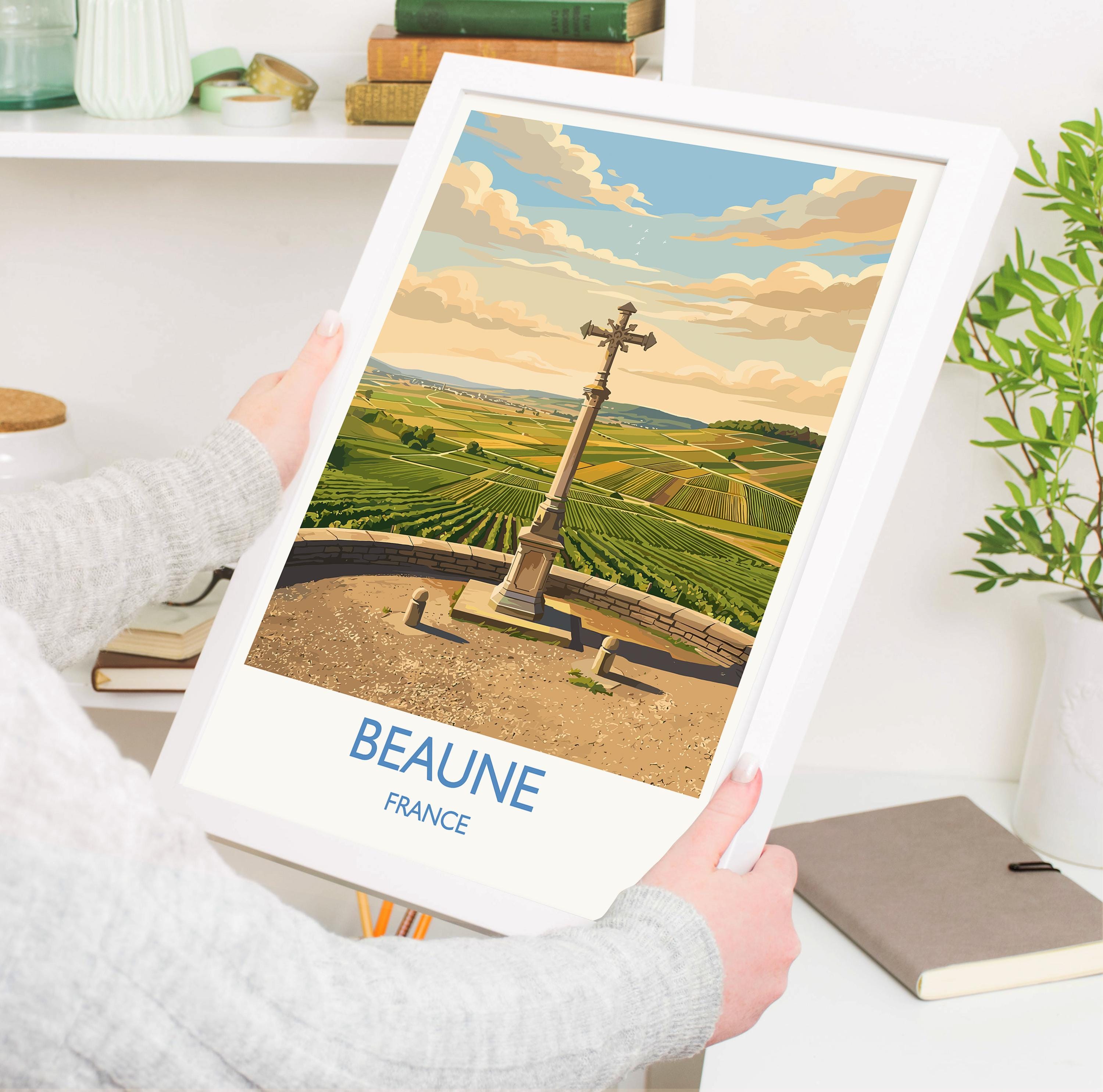 Beaune France Travel Poster, Burgundy Vineyards Wall Art, Croix de Charlemagne Print, French Wine Country Illustration, Vintage Europe Decor