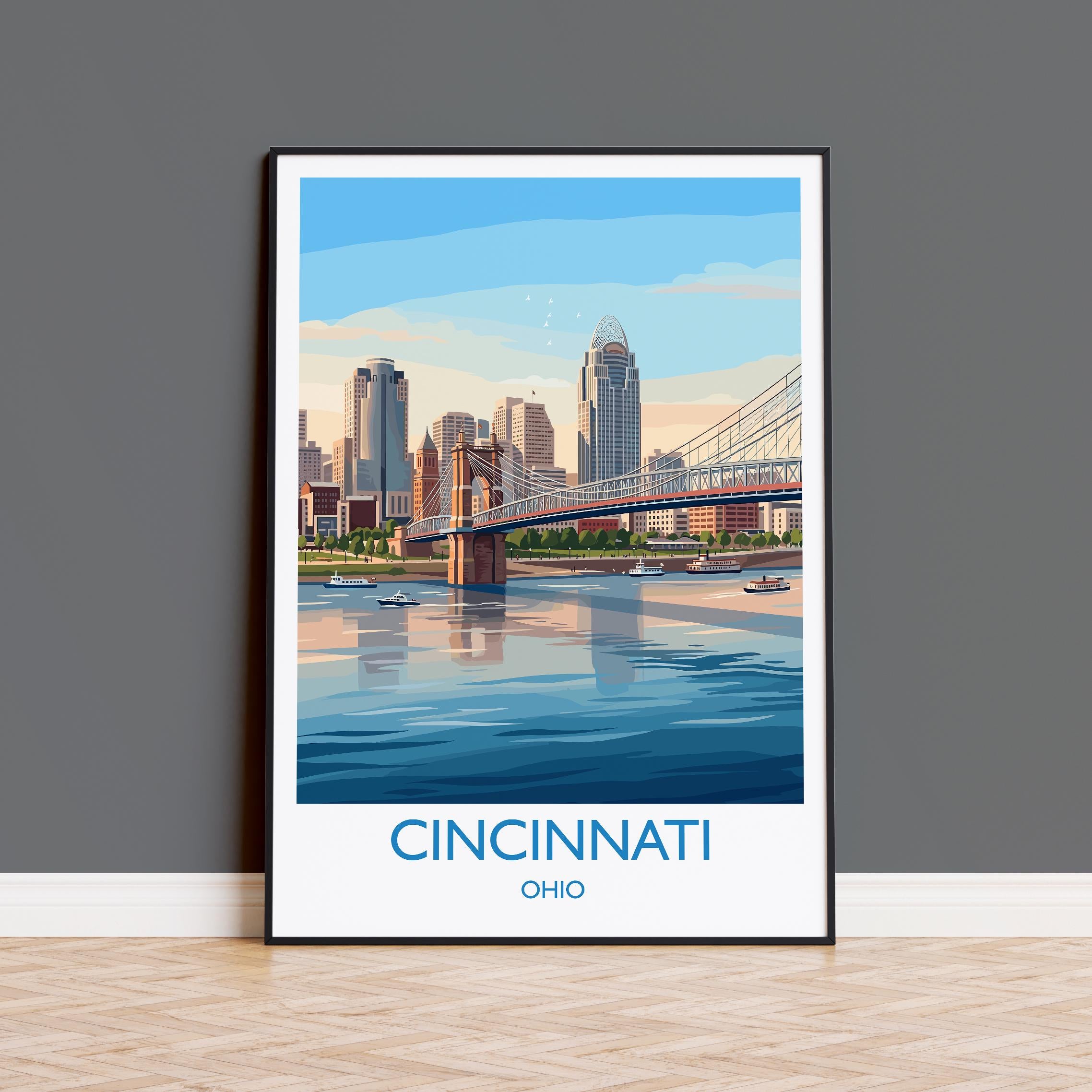 Cincinnati Ohio Travel Poster, Cincinnati Skyline Wall Art, Ohio River City Print, Historic & Modern Cityscape, Vintage Style USA Decor