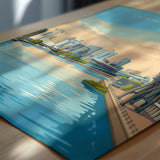 Canary Wharf London Travel Print, Royal Victoria Dock Wall Art, London Skyline Poster, O2 & Cable Car, East London Travel Poster