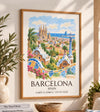 Barcelona Spain Watercolour Print, Sagrada Familia Wall Art, Park Güell Poster, Gaudí Architecture Print, Spanish Coordinates Print