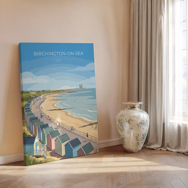 Birchington on Sea Travel Poster, Reculver Towers Beach Huts Wall Art, Kent Coast Print, Seaside Landscape Illustration, UK Coastal Decor