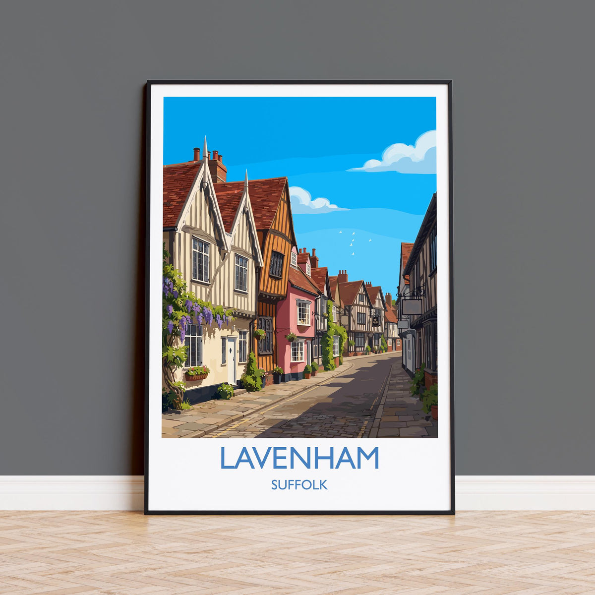 Lavenham Suffolk Travel Poster, Medieval Village Wall Art, Guildhall Print, Timber-Framed Houses Illustration, Vintage Style UK Decor