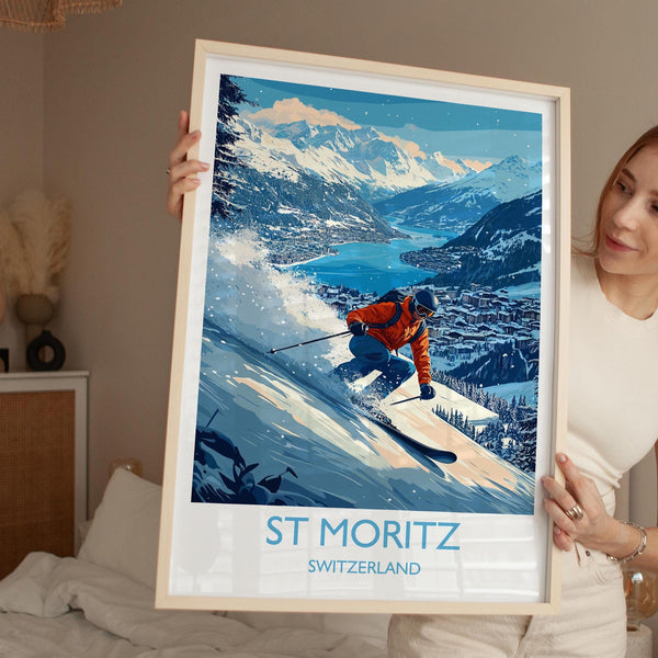 St Moritz Wall Art Travel Poster, Travel Print of St Moritz, Ski Poster, Switzerland Alps Art Travel Lovers Gift