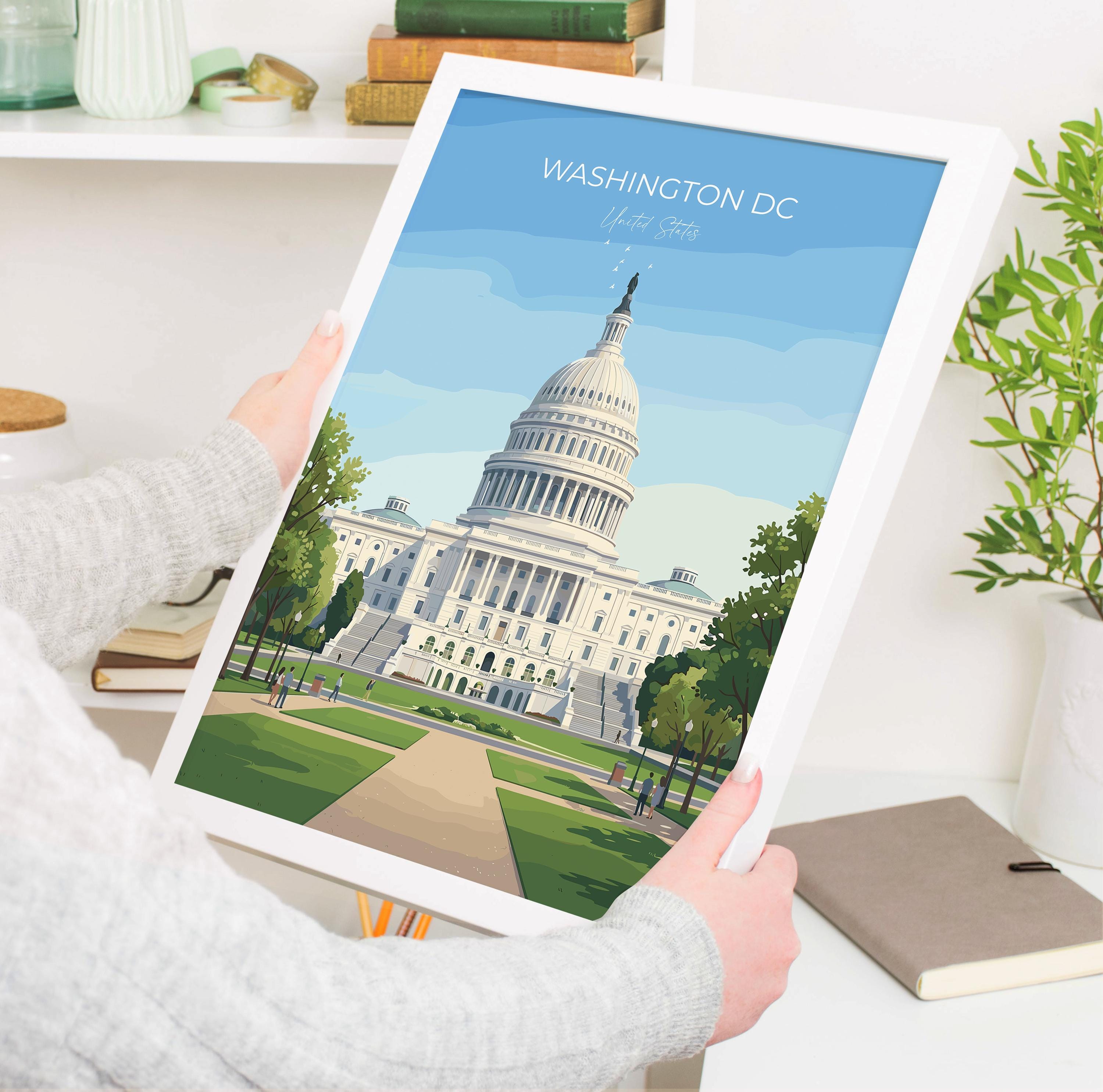 Washington DC Travel Print, Capitol Hill Wall Art, USA Landmark Poster, American Architecture Illustration, Vintage Style USA City Decor