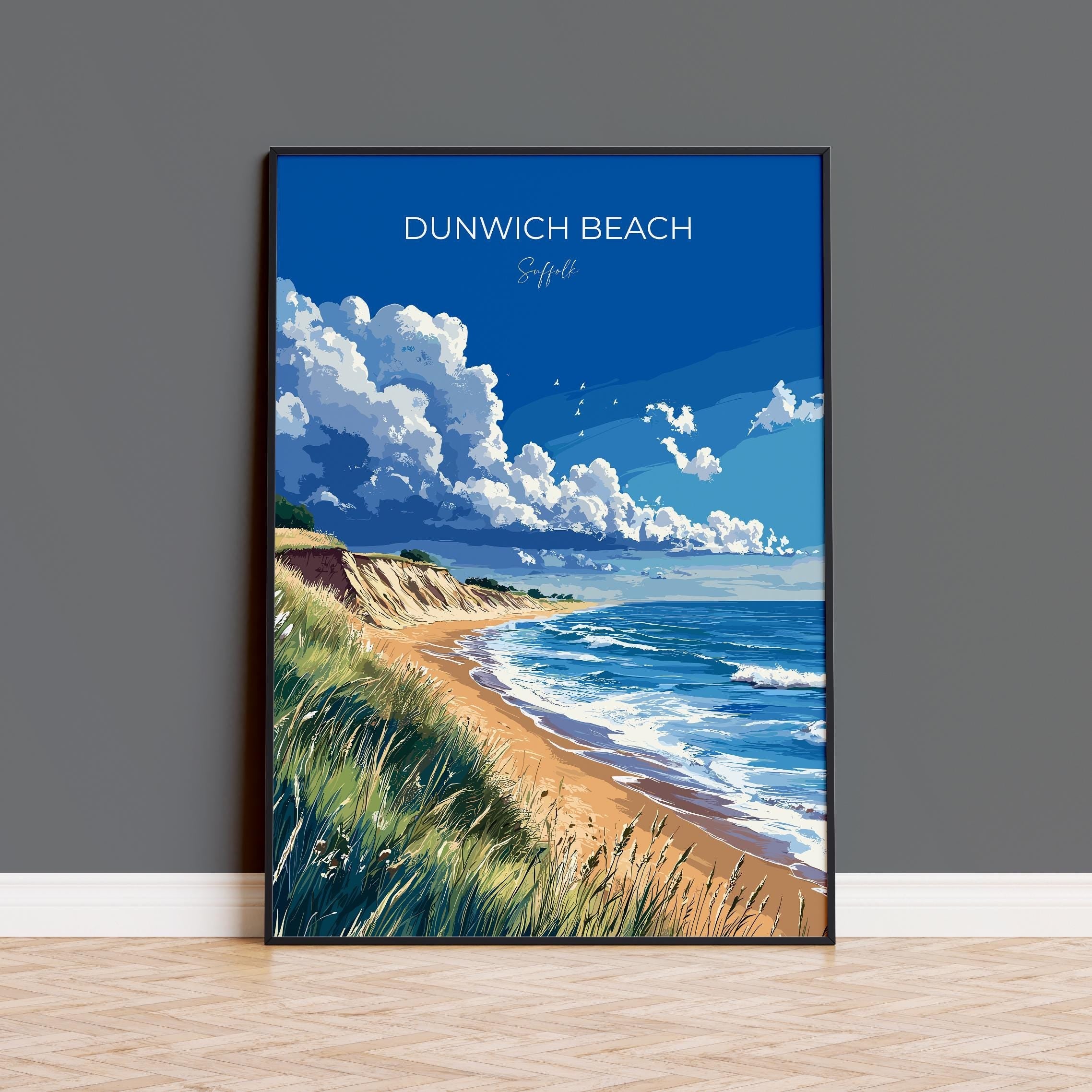 Dunwich Beach Travel Poster, Travel Print of Dunwich Beach,Dunwich Beach Art Lovers Gift, Suffolk Coast Wall Art NQ Media Designs