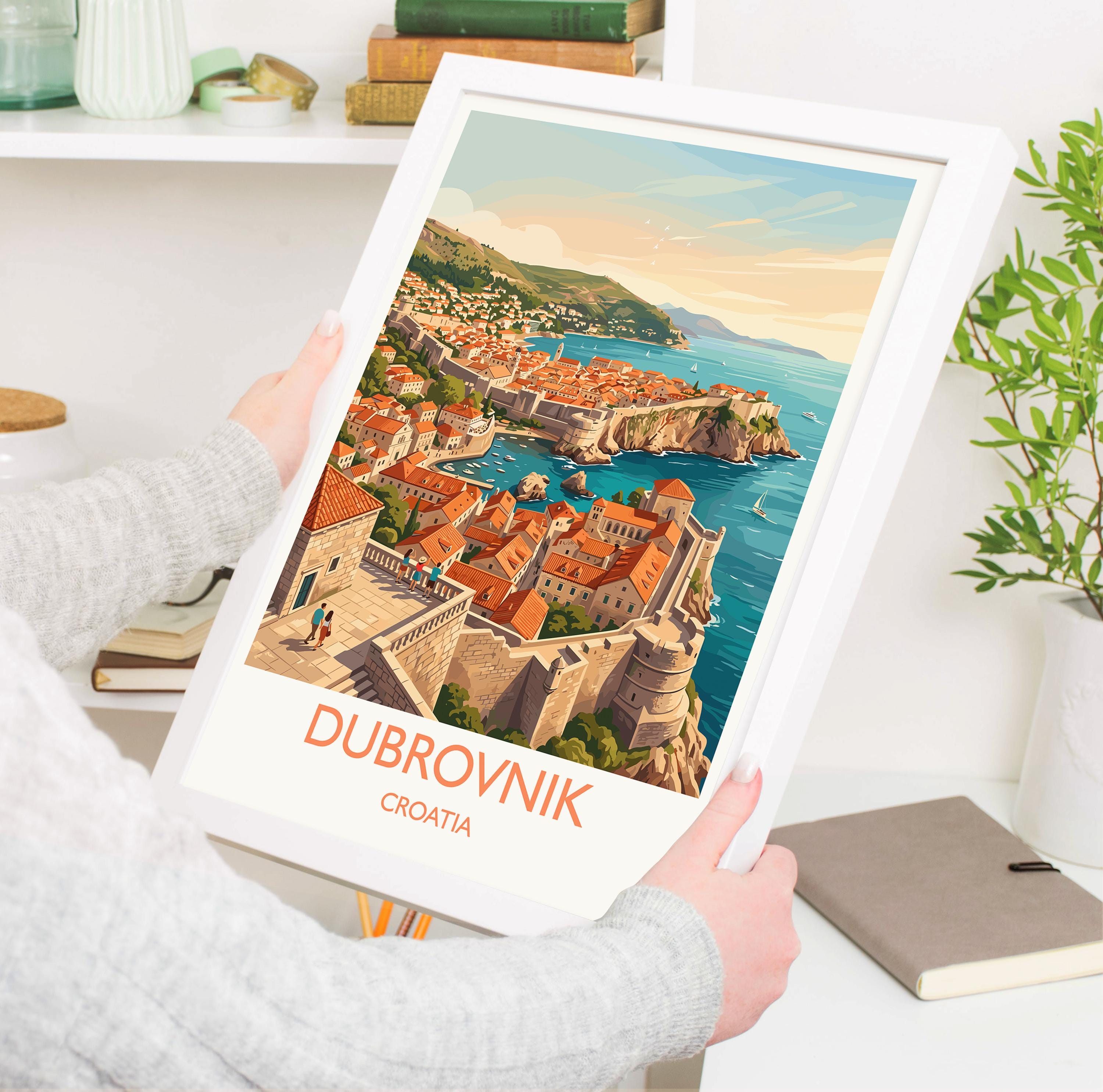 Dubrovnik Croatia Travel Poster, Old Town Wall Art, Adriatic Coast Print, Historic City Walls Illustration, Vintage Style Europe Decor