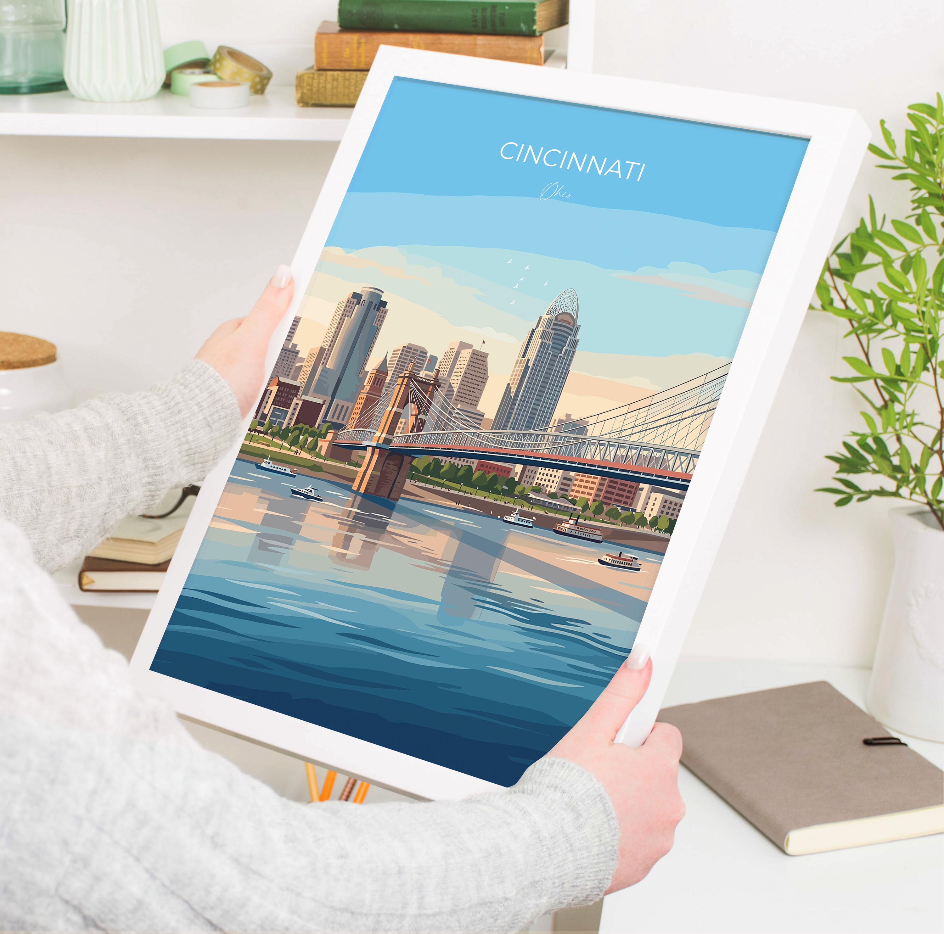 Cincinnati Ohio Travel Print, Cincinnati Skyline Wall Art, Ohio River City Poster, Historic & Modern Cityscape, Vintage Style USA Decor