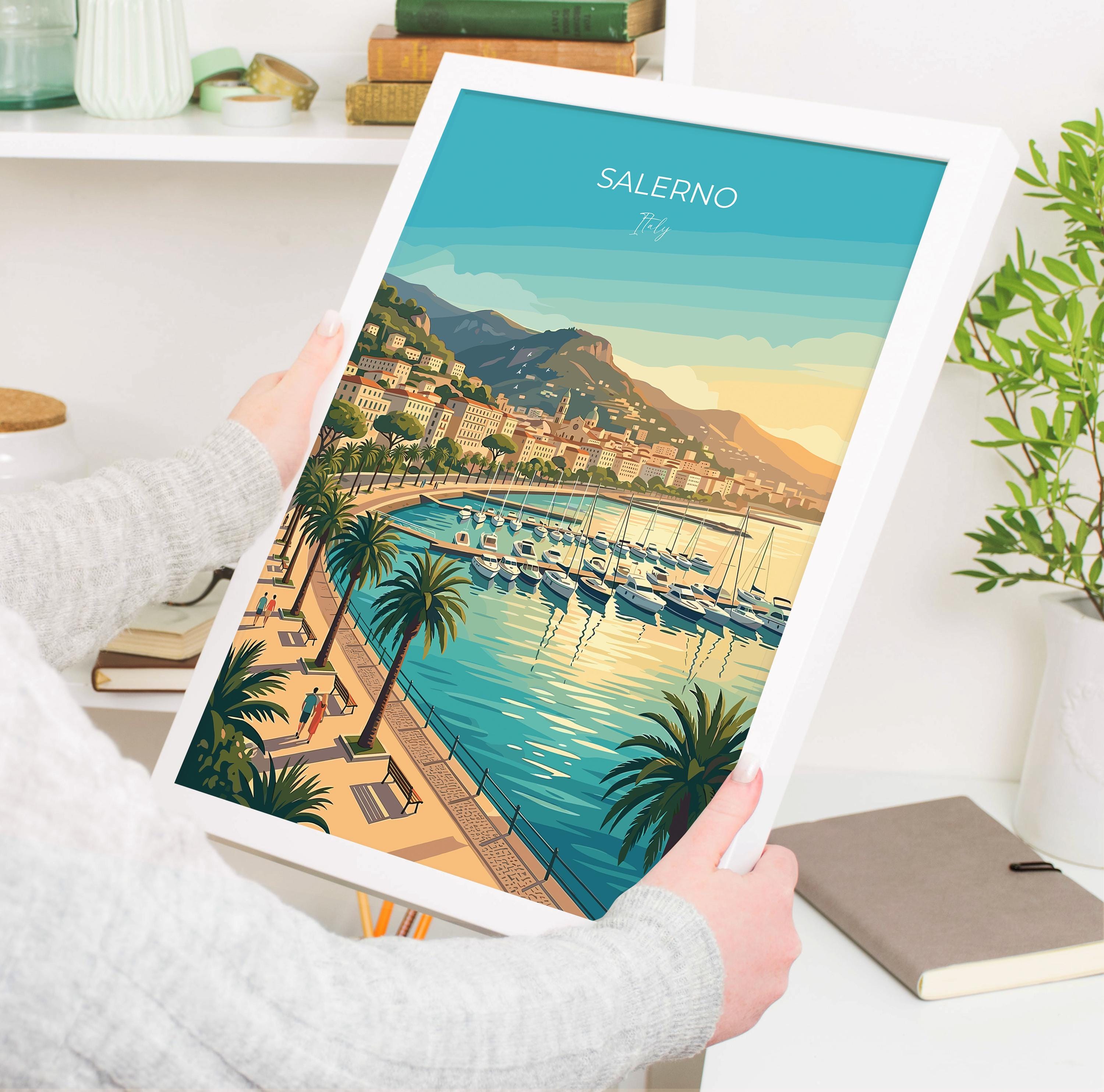 Salerno Italy Travel Print, Amalfi Coast Gateway Wall Art, Mediterranean Seaside Poster, Italian Coastal Illustration, Vintage Europe Decor