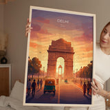 Delhi India Travel Print, India Gate Wall Art, New Delhi Landmark Poster, Monument Sunset Illustration, Vintage Style Asia, India Gift