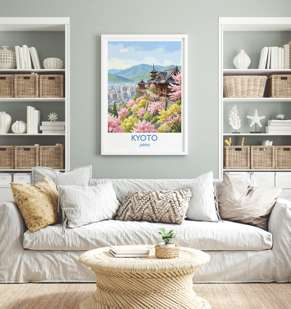 Kyoto Japan Travel Poster, Cherry Blossom Temple Wall Art, Japanese Landscape Print, Sakura Illustration, Asia Decor, Kyoto Gift