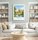 Cambridge Travel Poster, Kings College Cambridge Wall Art, River Cam Punting Scene Print, Historic University Illustration, UK Vintage Style NQ Media Designs