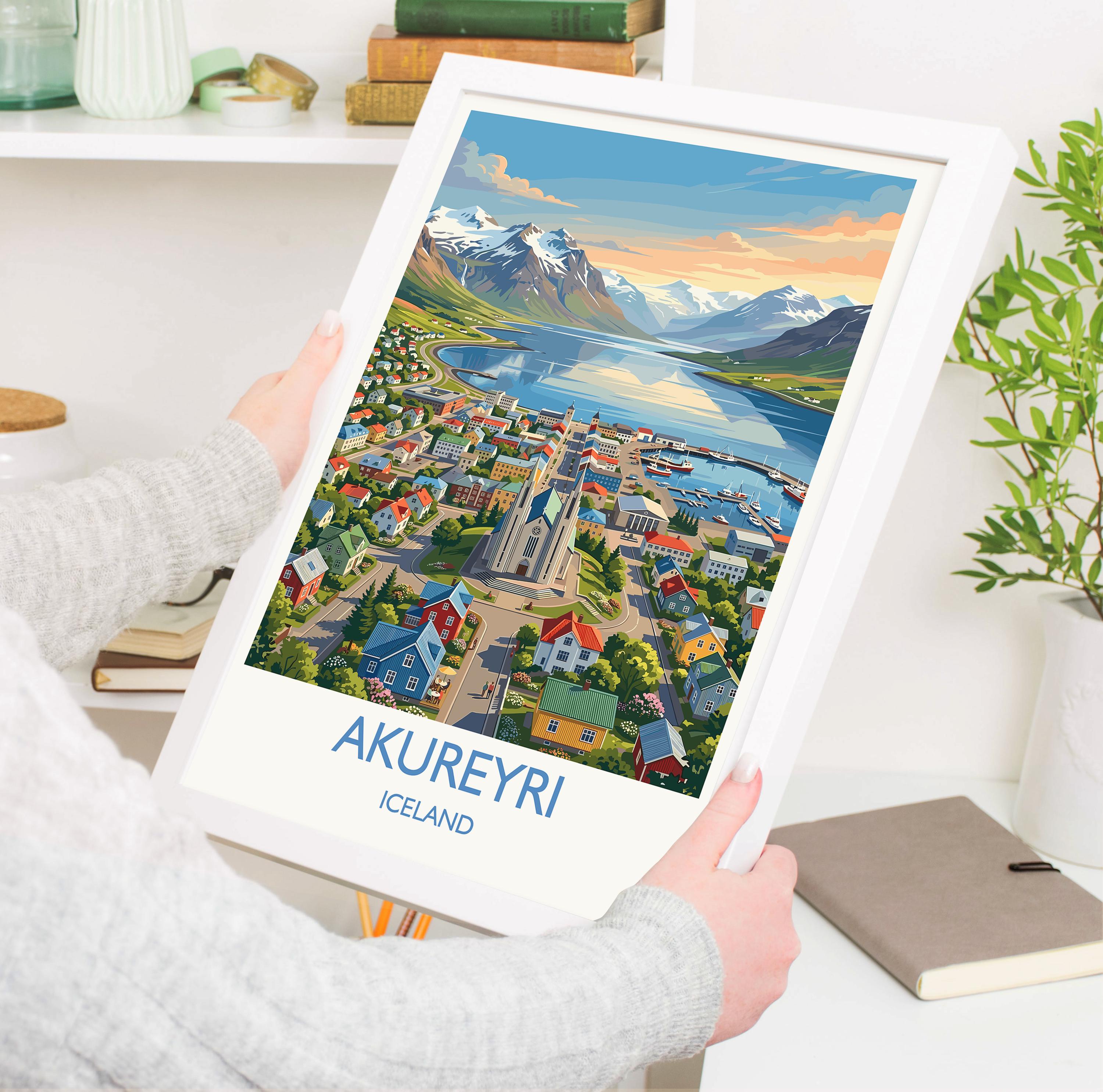 Akureyri Iceland Travel Poster, Akureyrarkirkja Wall Art, Eyjafjörður Print, Iceland Landscape Illustration, Vintage Style Nordic Decor