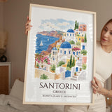 Santorini Greece Watercolour Print, Oia Sunset Wall Art, Blue Dome Church Poster, Aegean Sea Print, Greek Island Watercolour