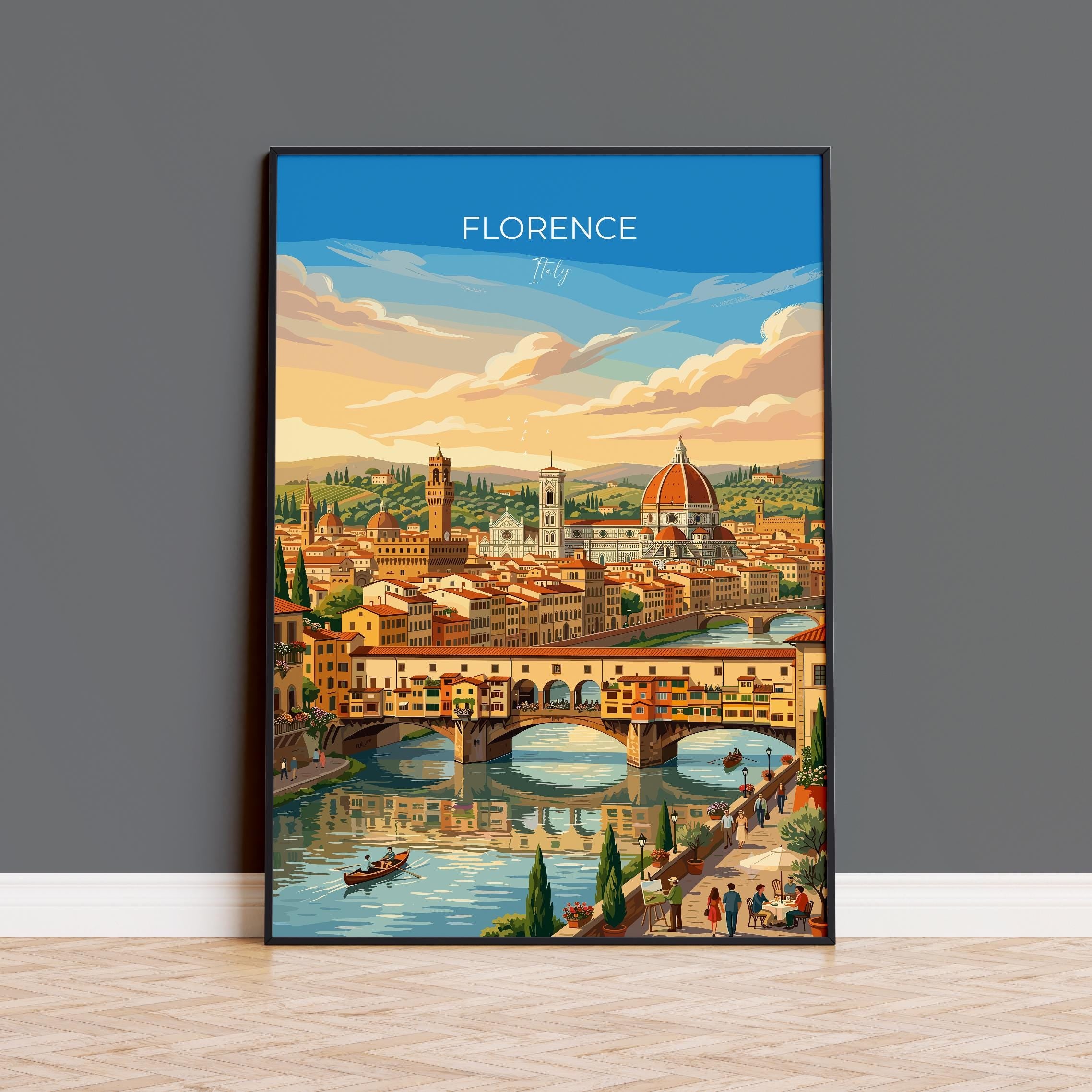 Florence Italy Travel Poster, Duomo Wall Art, Ponte Vecchio Print, Tuscany Skyline Illustration, Vintage Style Italian Decor