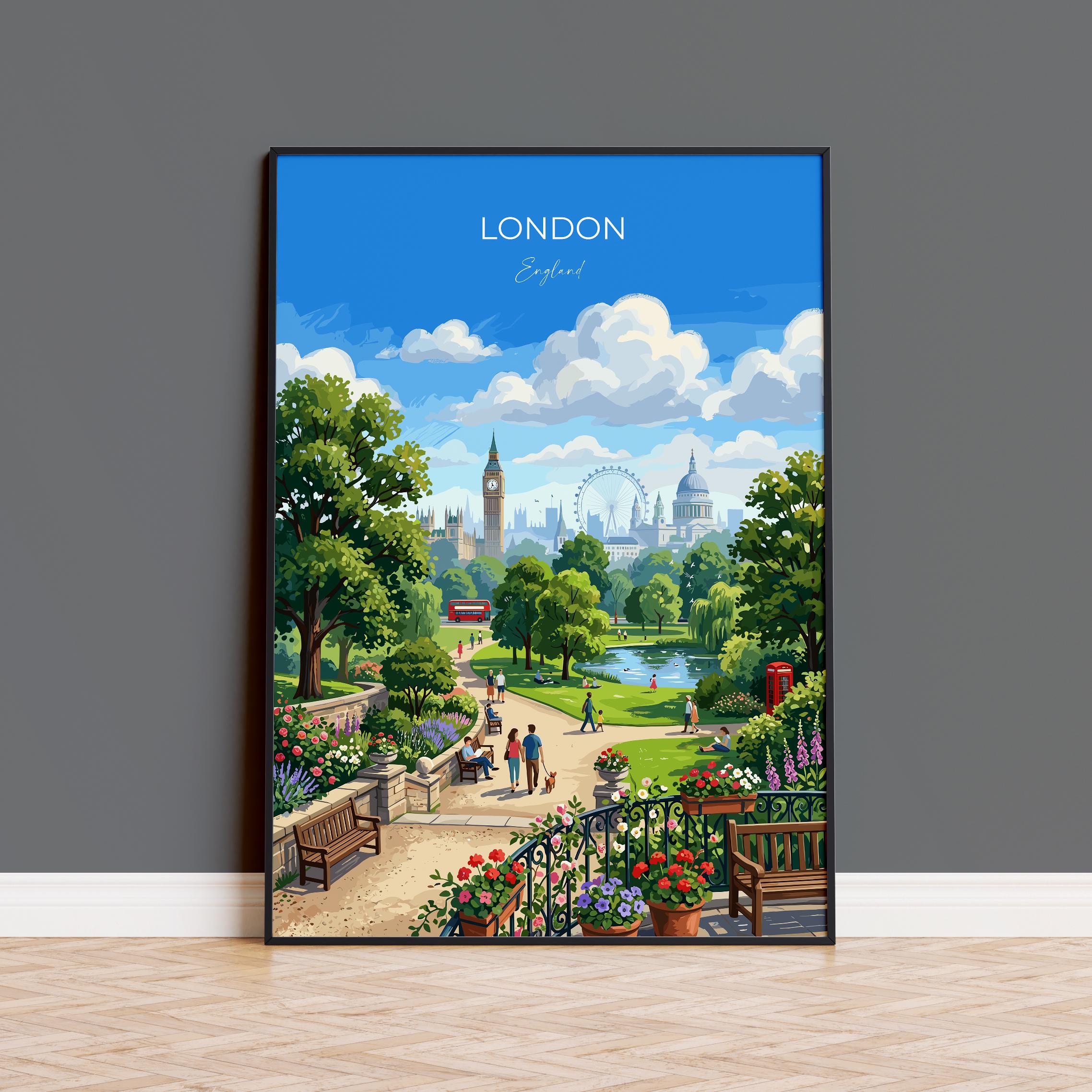 London Skyline Travel Poster, Big Ben & London Eye Wall Art, St Paul’s Cathedral Print, London Park Scene Illustration, Vintage Style UK NQ Media Designs