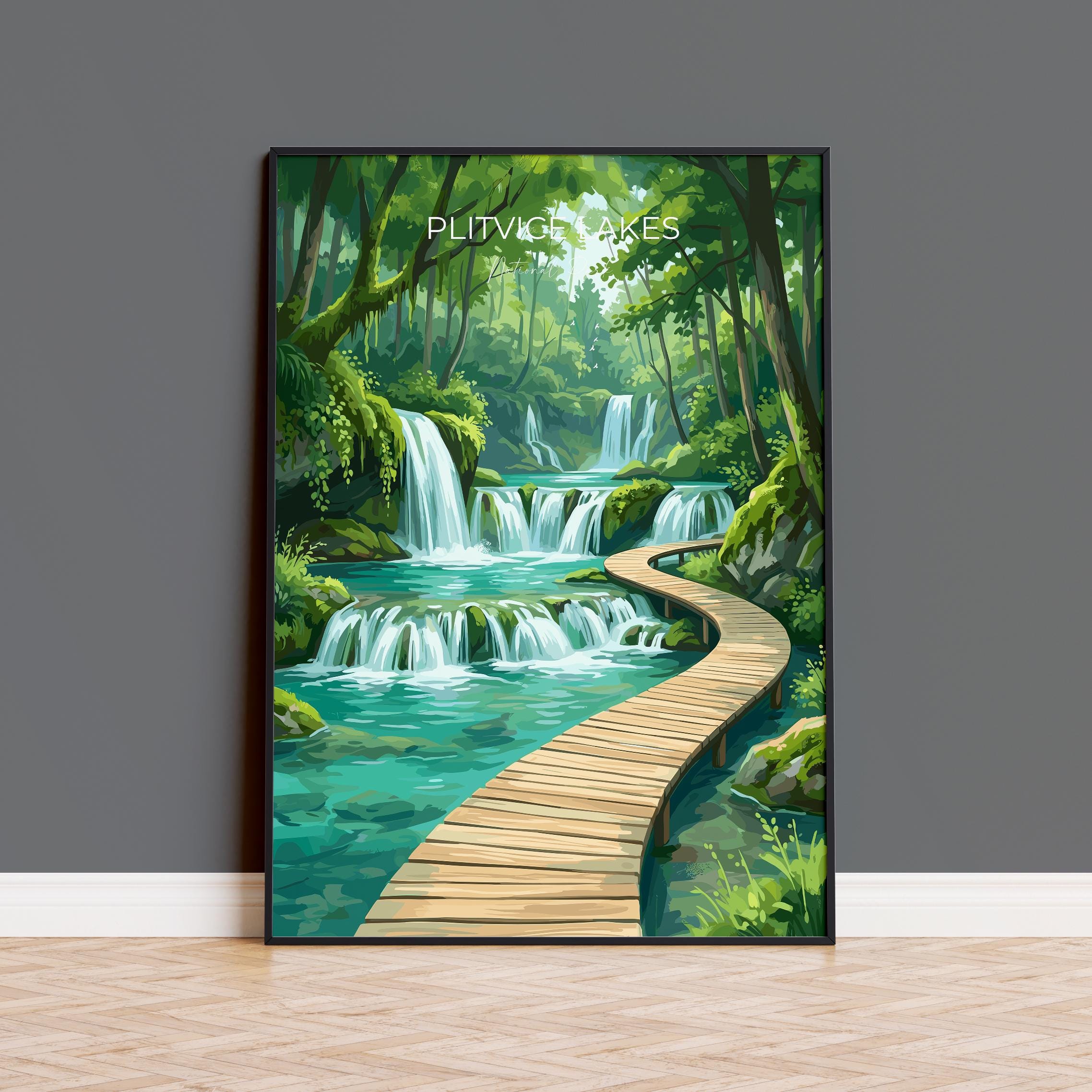Plitvice Lakes Croatia Travel Poster, Waterfalls & Boardwalk Wall Art, National Park Print, Nature Illustration, Vintage Style Europe Decor