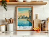 Canary Wharf London Travel Poster, Royal Victoria Dock Wall Art, London Skyline Print, O2 & Cable Car, East London Travel Poster