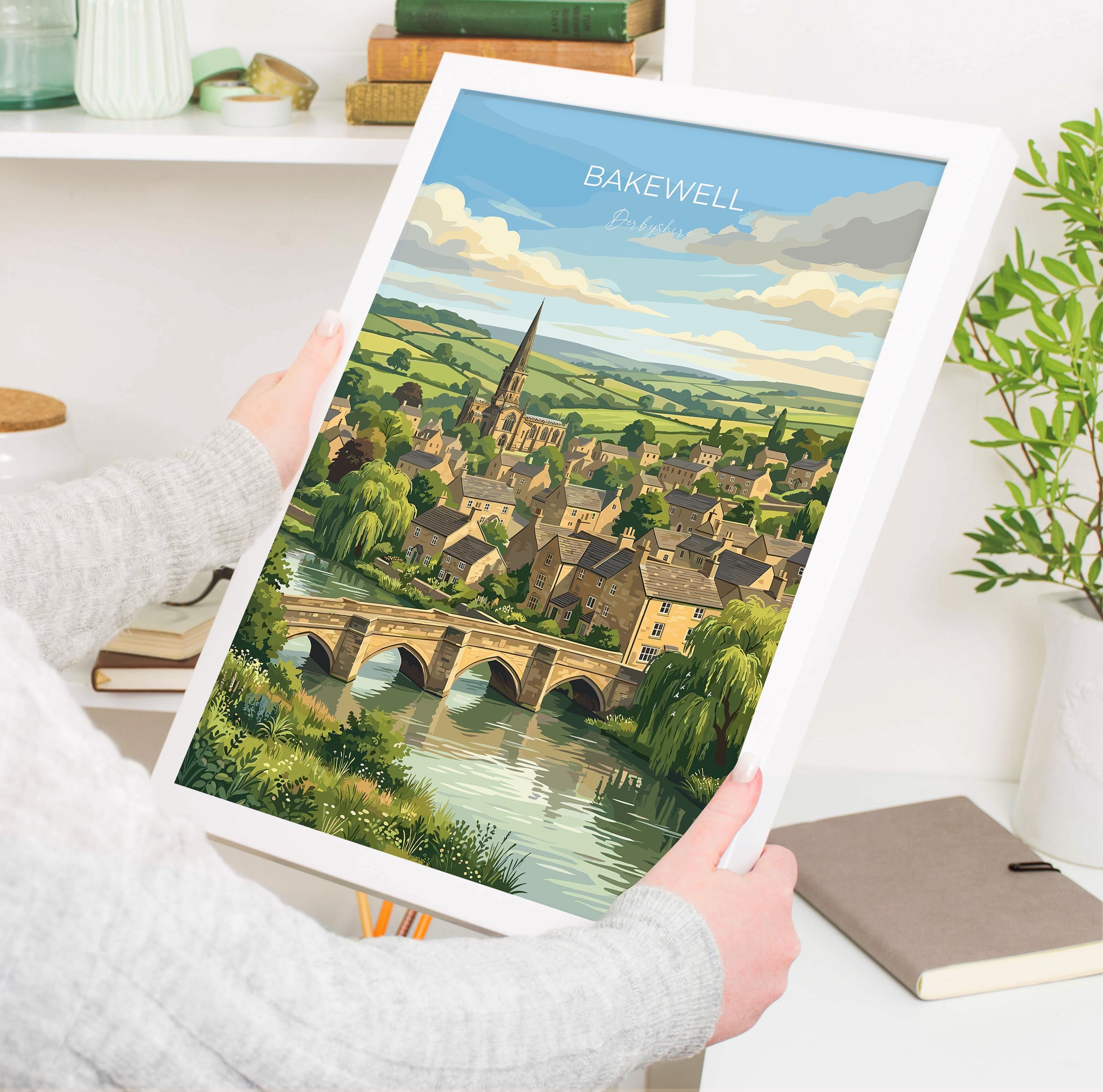 Bakewell Derbyshire Travel Print, Peak District Wall Art, River Wye Town Poster, Historic Market Town Illustration, Vintage Style UK Decor