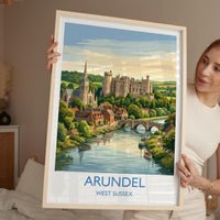 Arundel Castle Travel Poster, Arundel Cathedral River View Wall Art, West Sussex Print, Historic Town Illustration, Vintage Style UK Decor