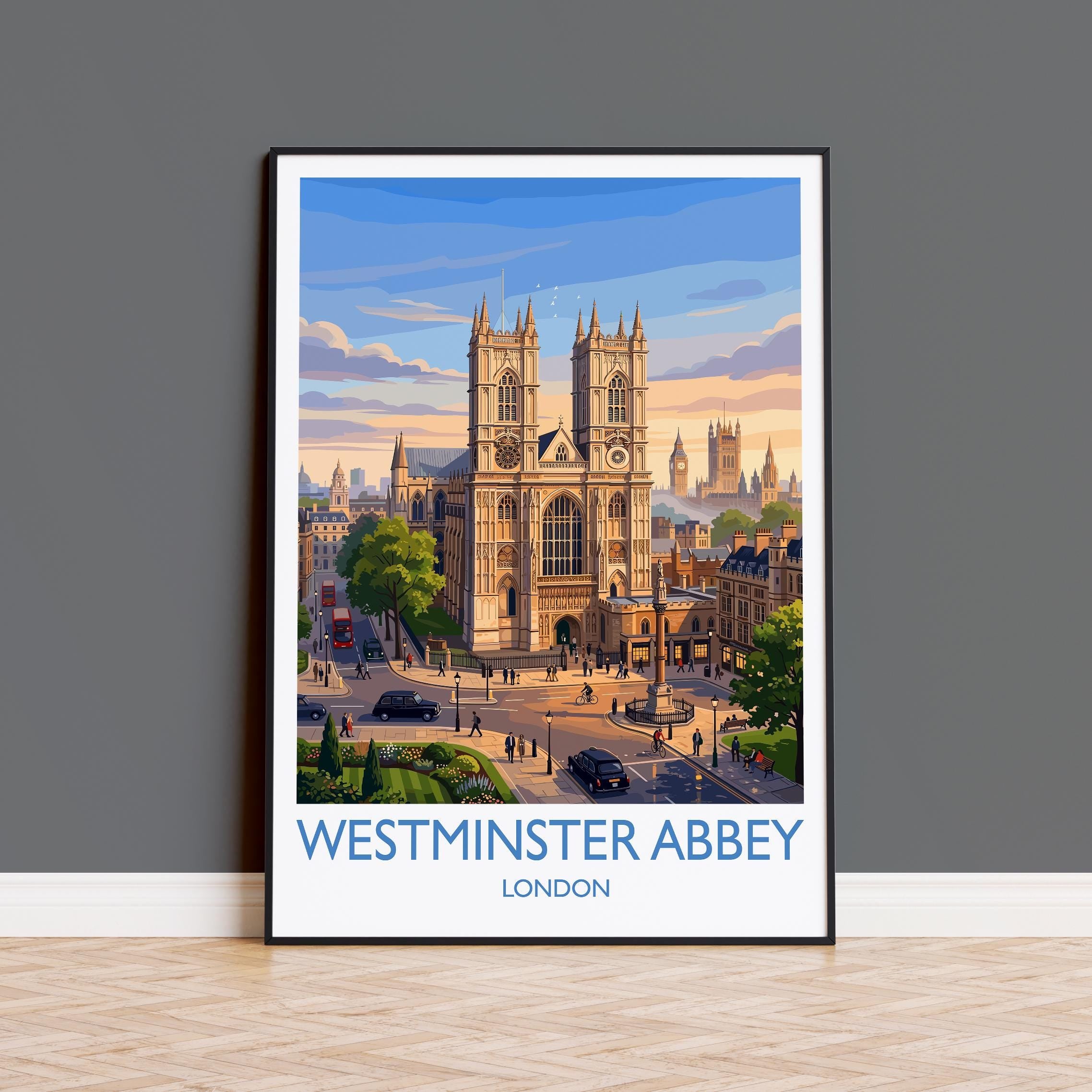Westminster Abbey London Travel Poster, London Landmark Wall Art, Gothic Cathedral Print, Historic London Illustration, Vintage UK Decor