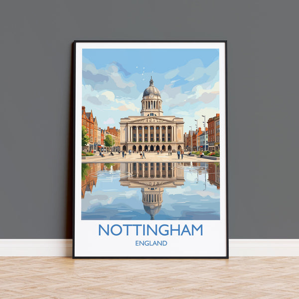 Nottingham Travel Poster, Exchange Building Wall Art, Old Market Square Print, Nottingham City Illustration, UK City Decor, Nottingham Gift