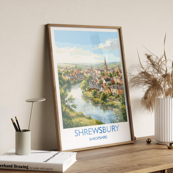 Shrewsbury Travel Poster, River Severn Wall Art, Shrewsbury Town Print, Historic Church Illustration, Shropshire Landscape, UK Decor