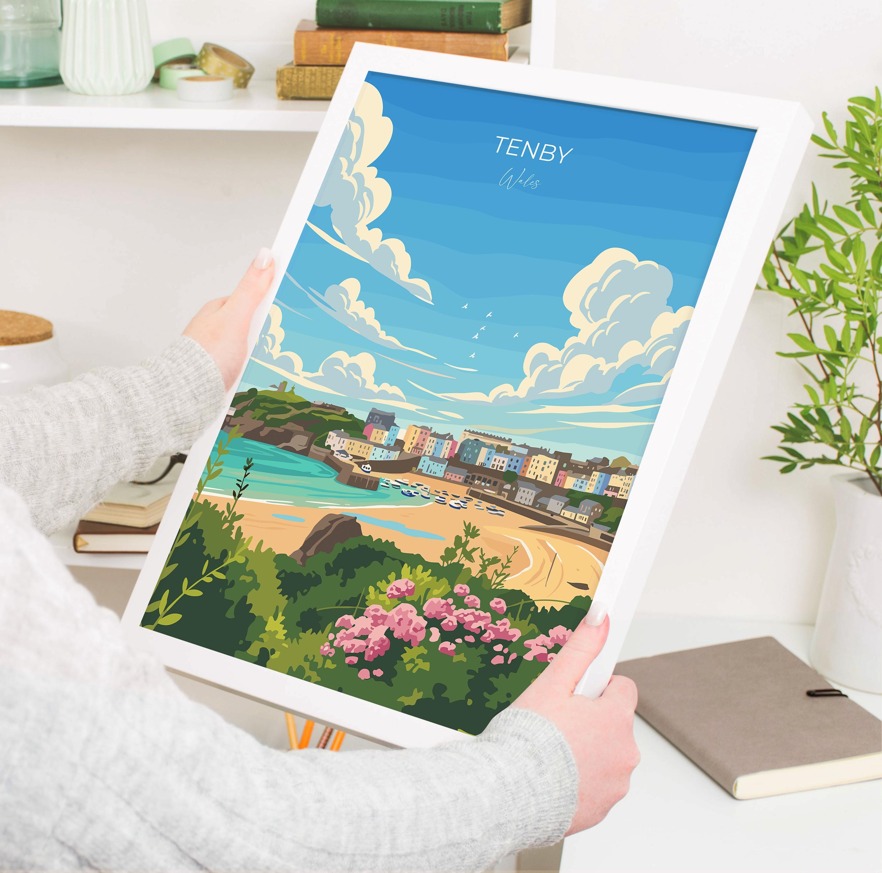 Tenby Travel Print Wall Art, Tenby Travel Poster, Wales, Pembrokeshire Coast, Welsh Art Gift, Wall Art Print NQ Media Designs