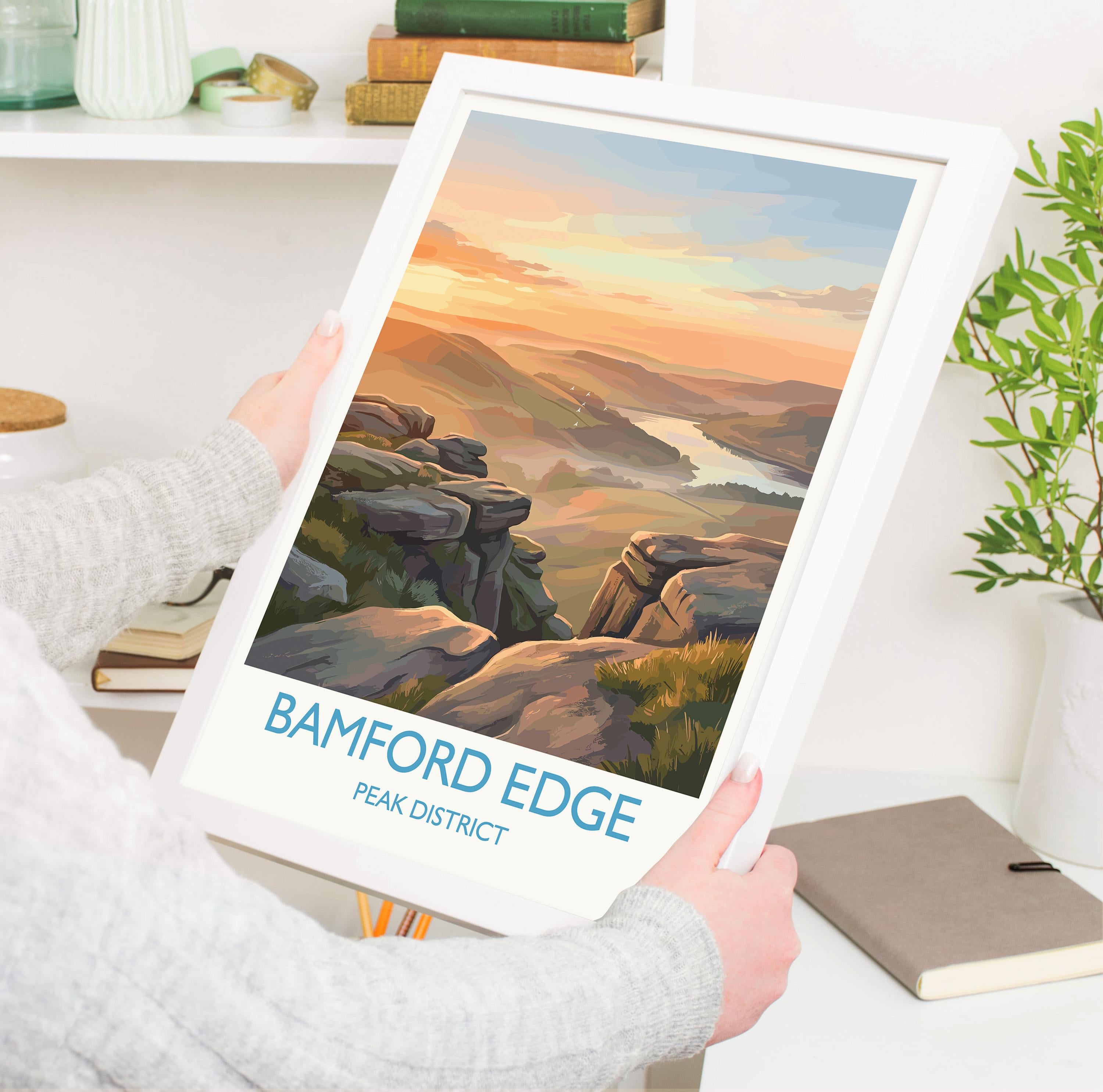 Bamford Edge Travel Poster, Peak District Wall Art, Derbyshire Landscape Print, Hope Valley View Illustration, Vintage Style UK Nature Decor