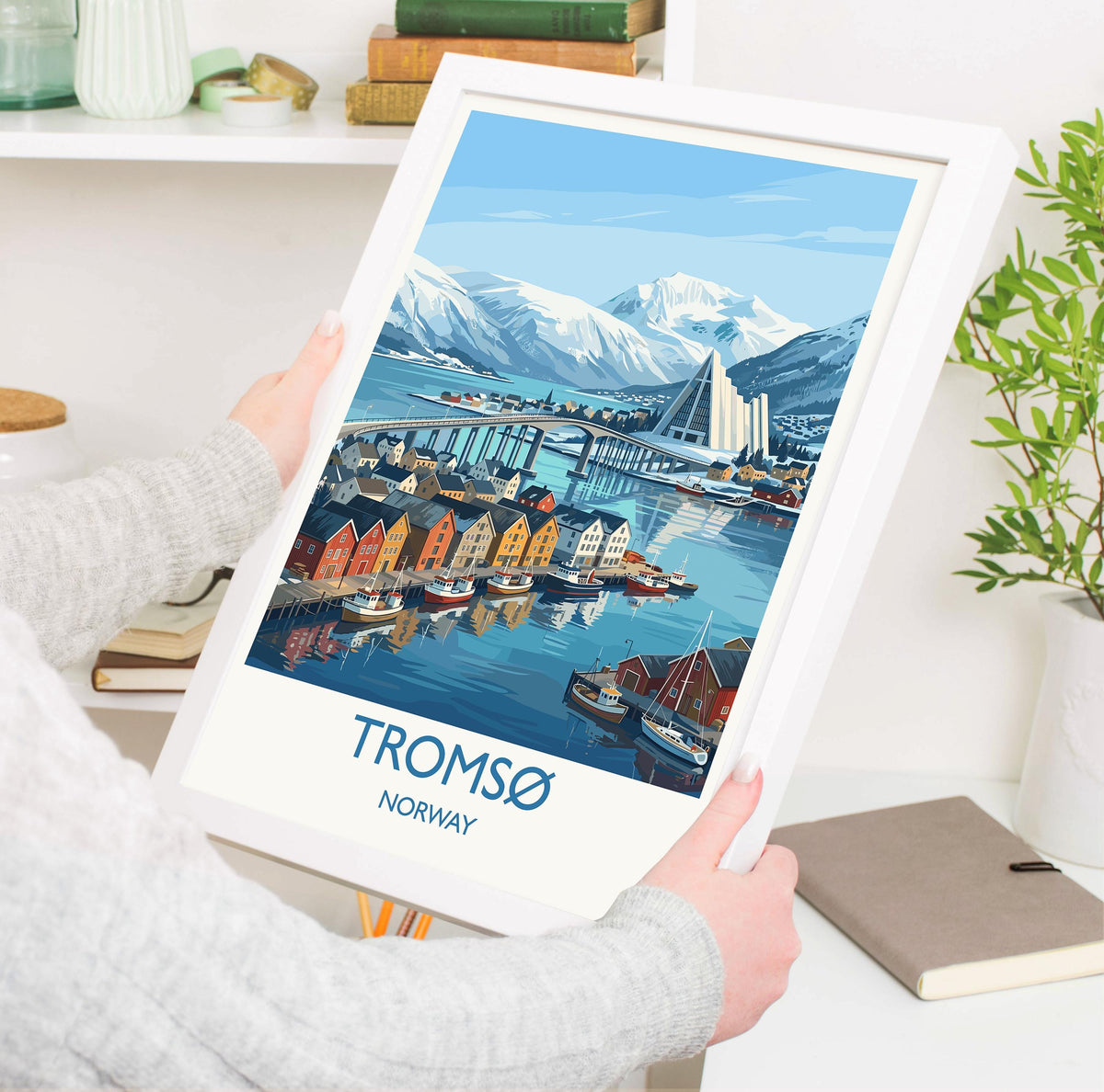 Tromsø Norway Print, Northern Lights Wall Art with Border, Arctic Cathedral Poster, Norway Travel Print, Tromsø Gift Print