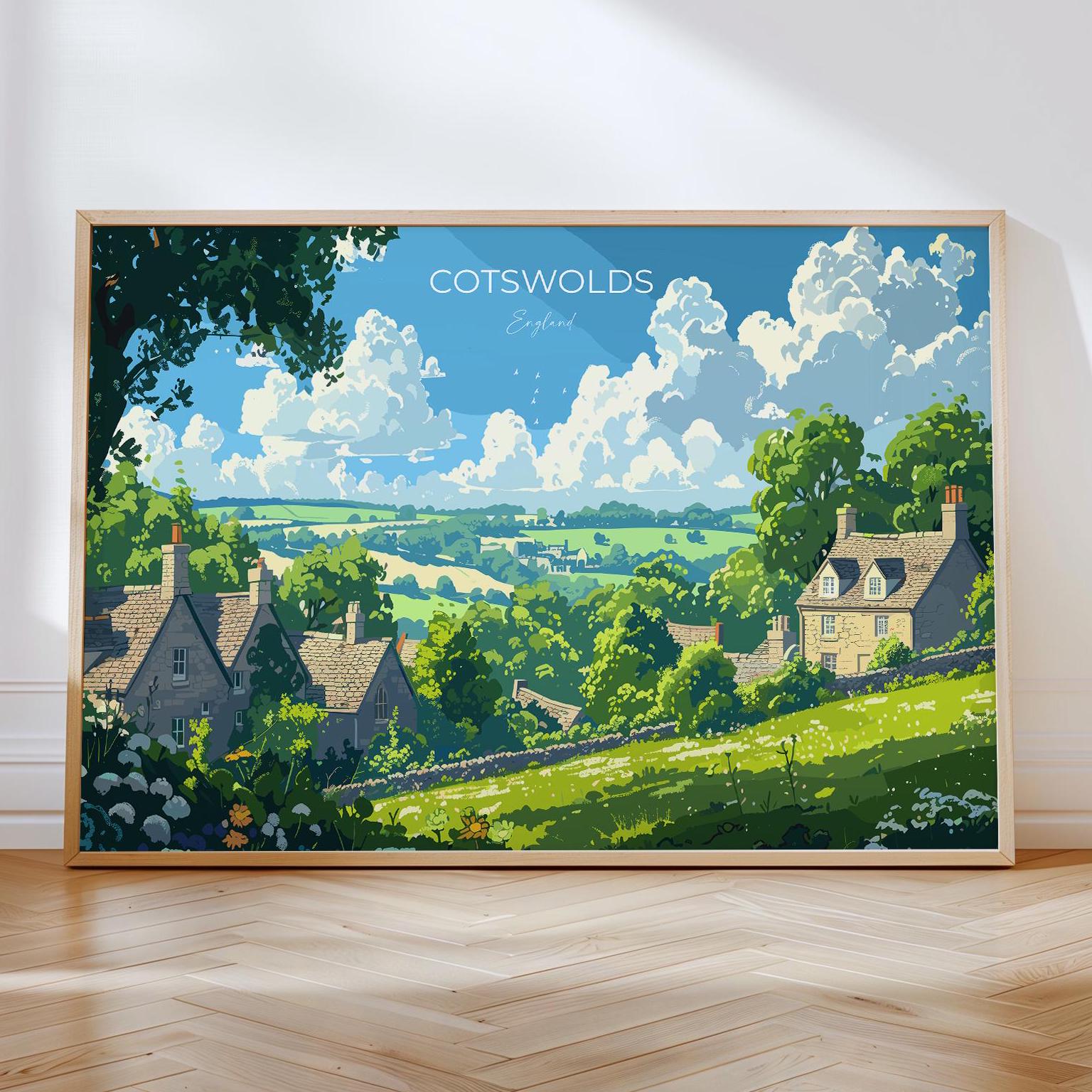 Cotswolds Landscape Travel Poster Wall Art, Travel Print of Cotswolds, Cotswolds Art Lovers Gift, English Countryside NQ Media Designs